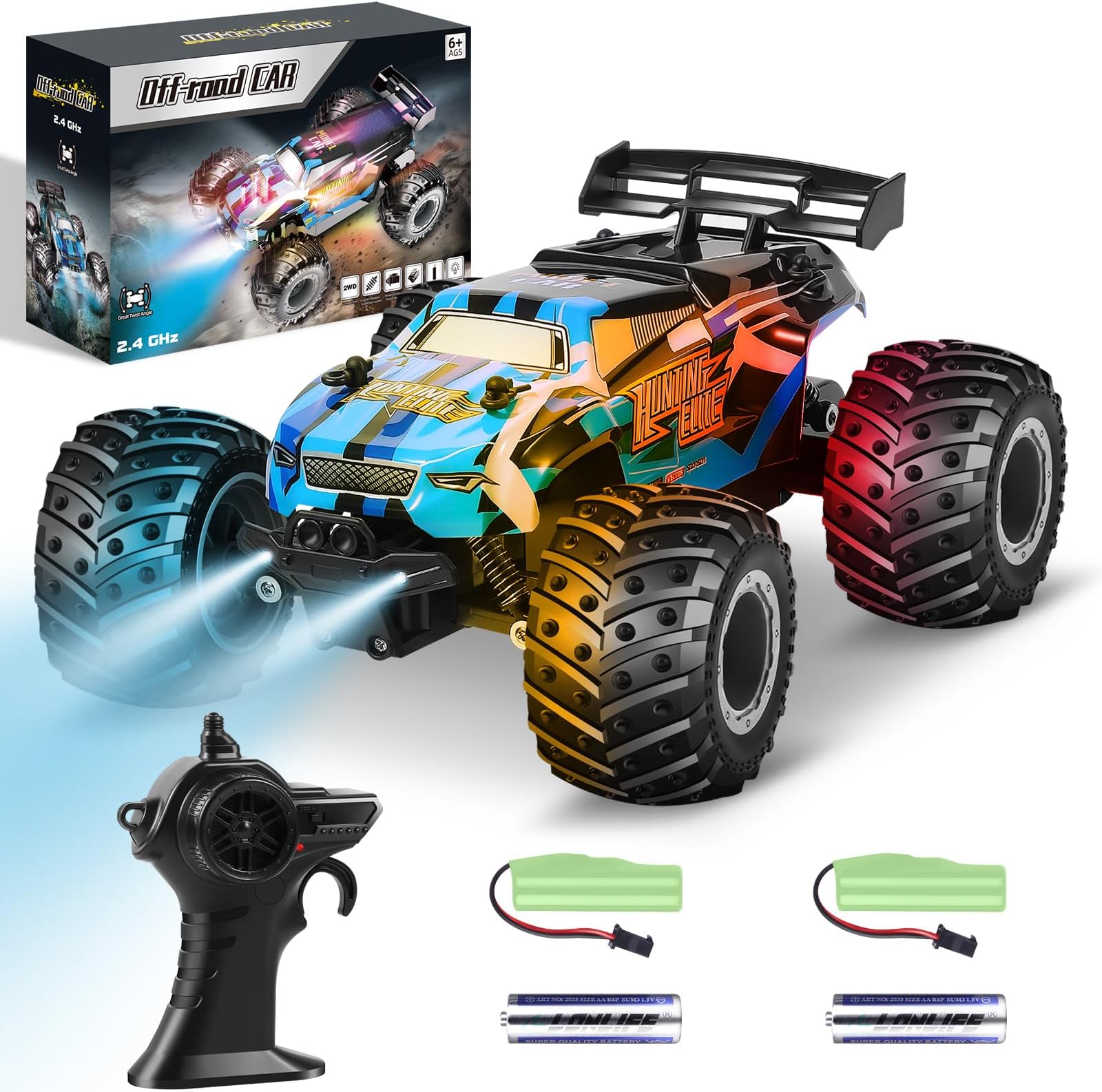 Remote Control Car, Remote Control Truck, 2.4Ghz All Terrain Off-Road Monster Truck, 20 KM/H Rc Cars with LED Bodylight and 2 Rechargeable Batteries Toys for Boys