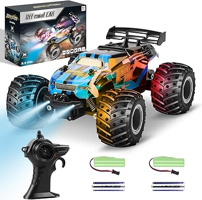 HENEROAR Remote Control Car, Remote Control Truck, 2.4Ghz All Terrain Off-Road Monster Truck, 20 KM/H Rc Cars with LED Bodylight and 2 Rechargeable Batteries Toys for Boys
