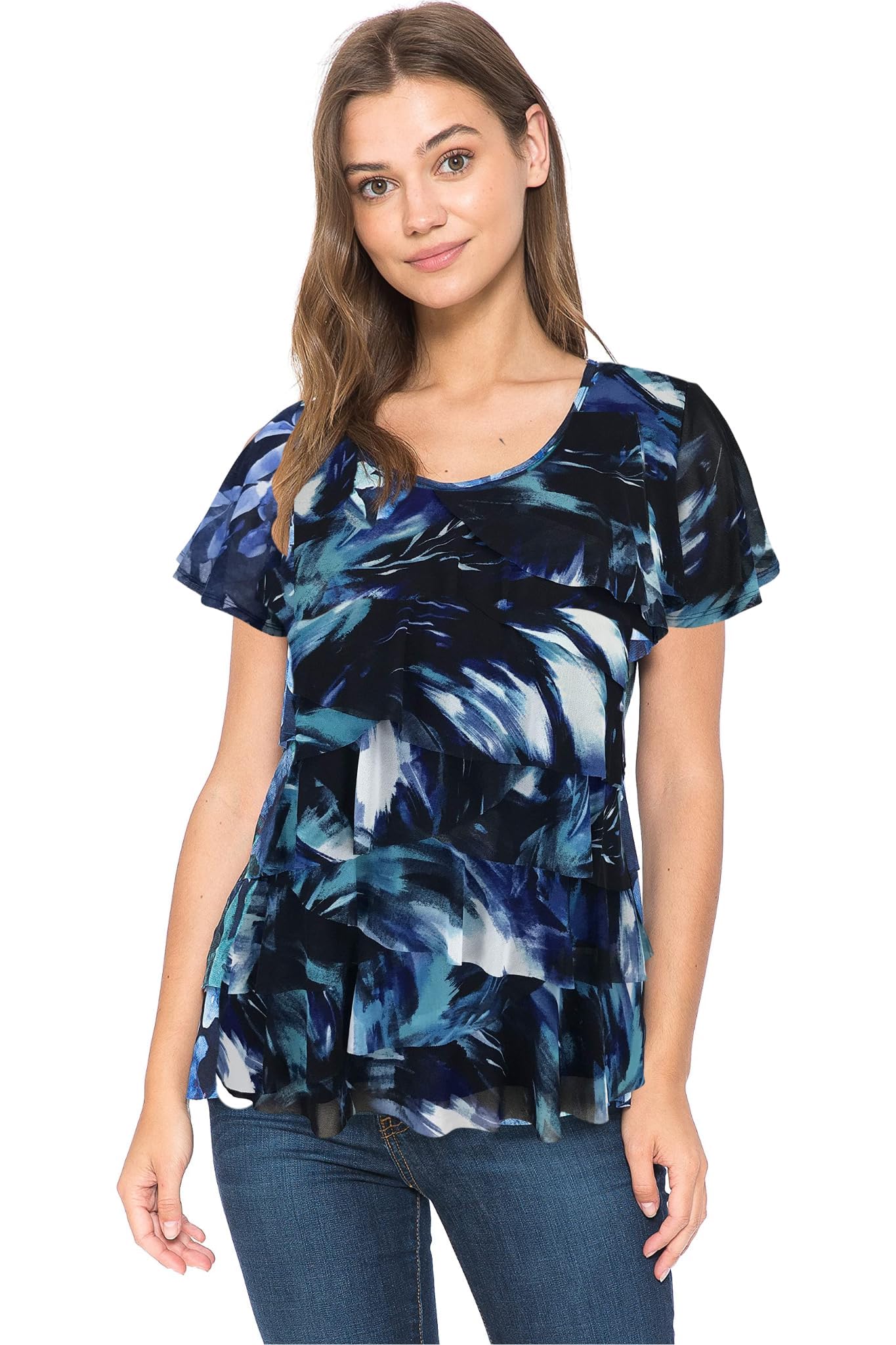 LEEBE Women and Plus Size Printed Mesh Ruffle Top (Small-5X)