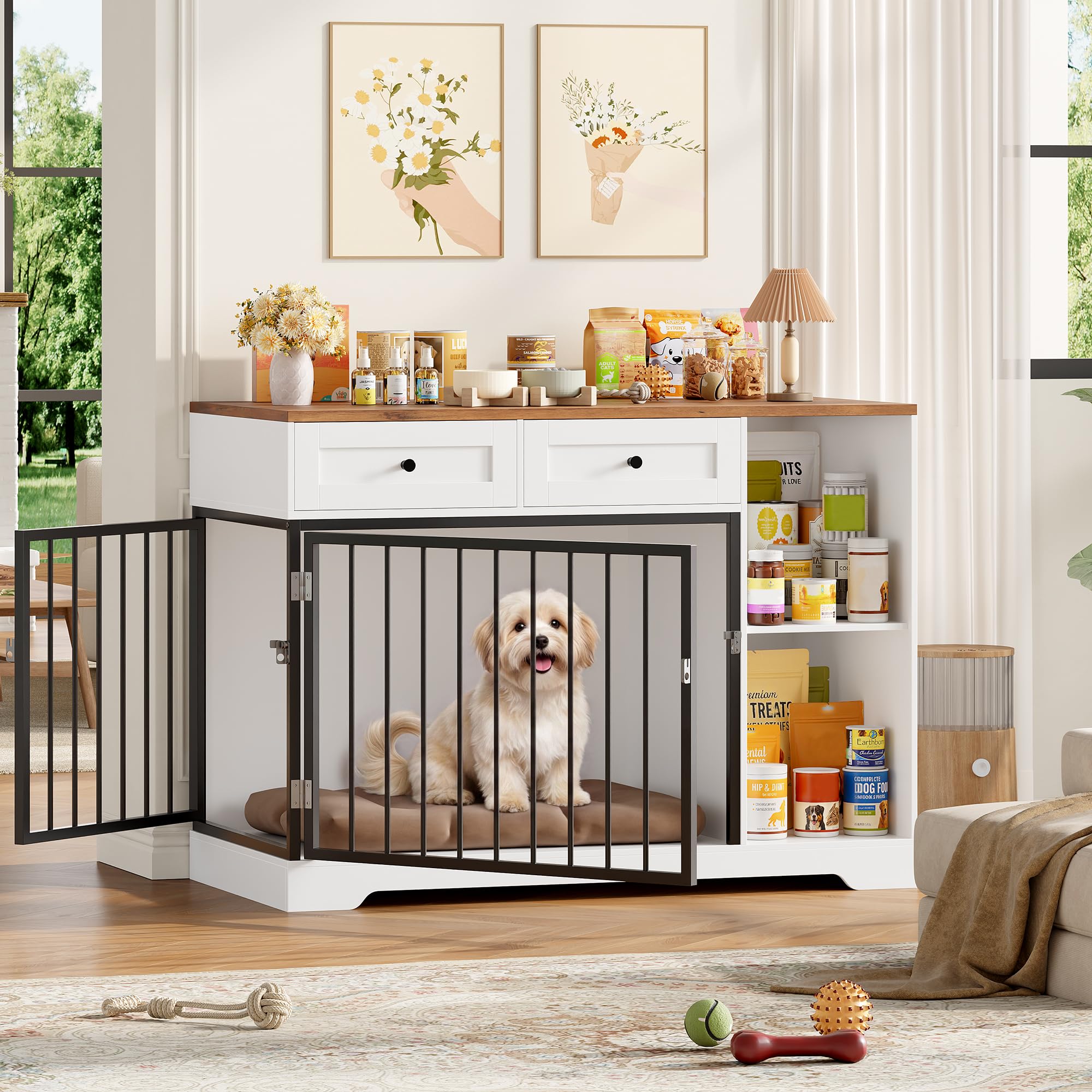 FirFurd 120cm Gabbia per Cani con 2 Porte, Kennel Cane Medio con 2 Cassetti e 2 Scomparti Aperti, Cuccia in Stile Mobili con Stoccaggio in Metallo e Legno, 120x60x87 cm (Bianco+Marrone)