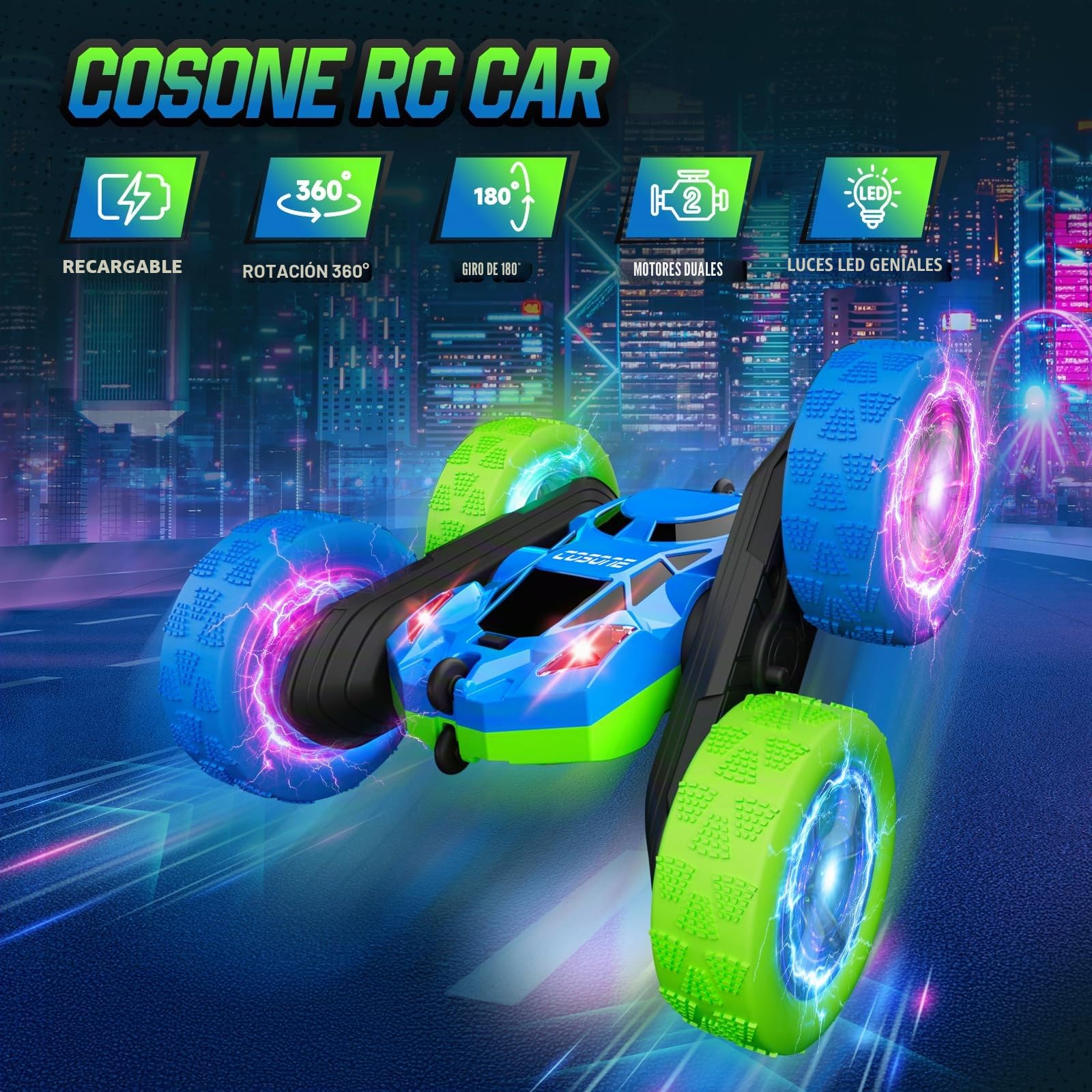 cosone Coche teledirigido niños de 6 a 12 años, Coche acrobático 4x4 con Luces LED y giros de 360°, 2,4 GHz, niños de 6 a 10 años - Azul Verdoso - con Luces en Las Ruedas
