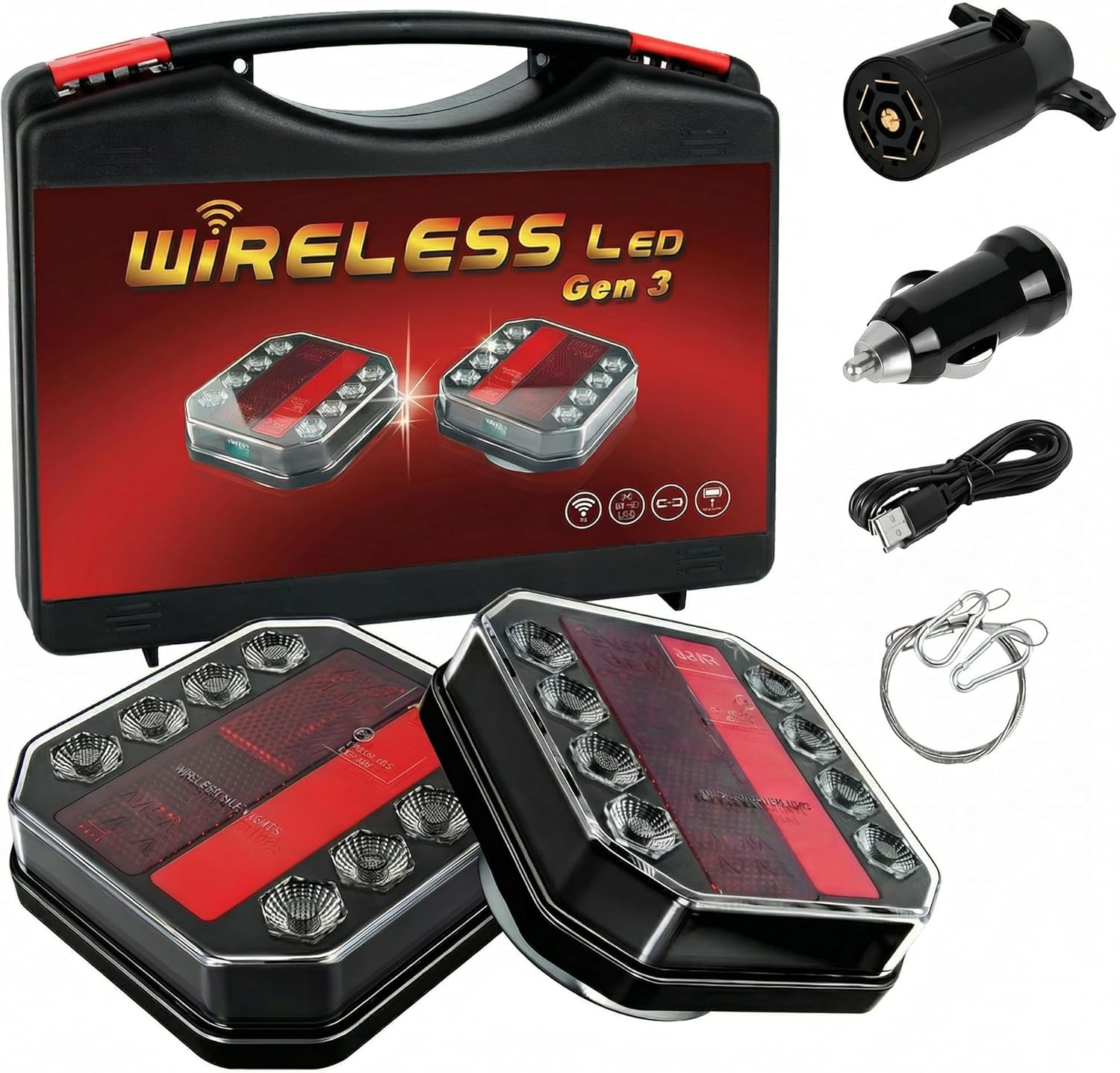 Upgraded Wireless Trailer Lights Kit, Magnetic Rechargeable Wireless Tail Lights for Trailer with Brake, Turn Signal & Reverse Lights for Trucks, Boats, RVs, Caravans (Style 2)