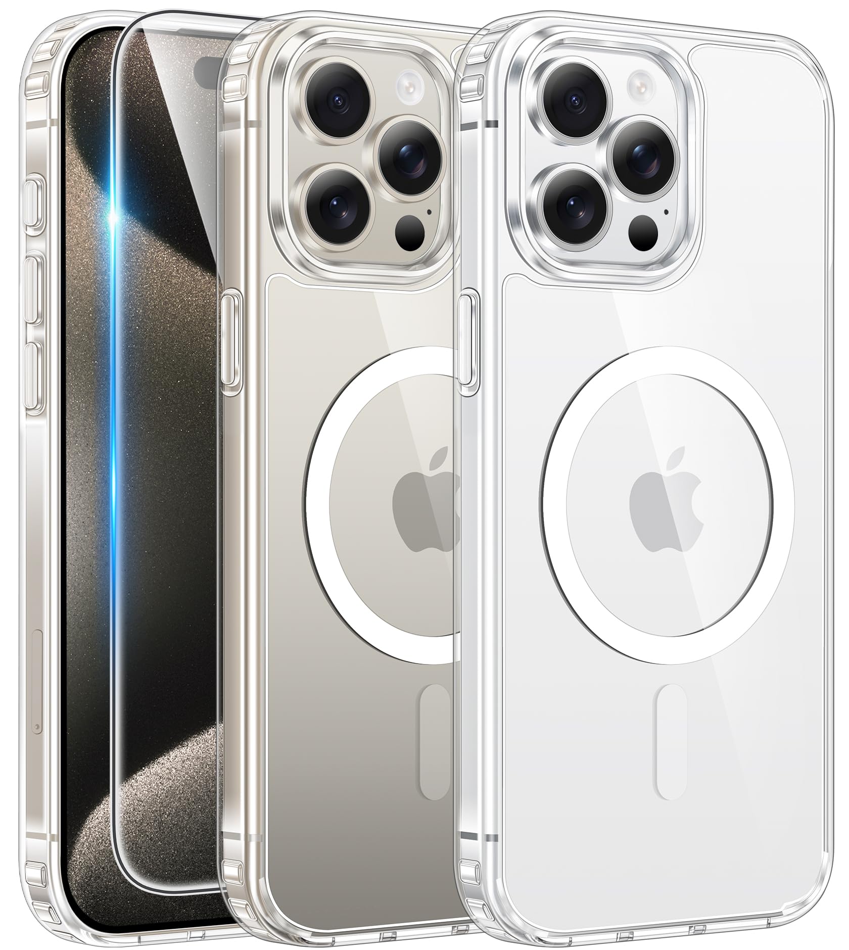 Photo 1 of FNTCASE for iPhone 15 Pro Case: Clear Magnetic Phone Cases with Screen Protector Compatible with Magsafe Slim Anti Yellowing Rugged Shockproof Protective Transparent Cell Phone Cover (A-Clear)