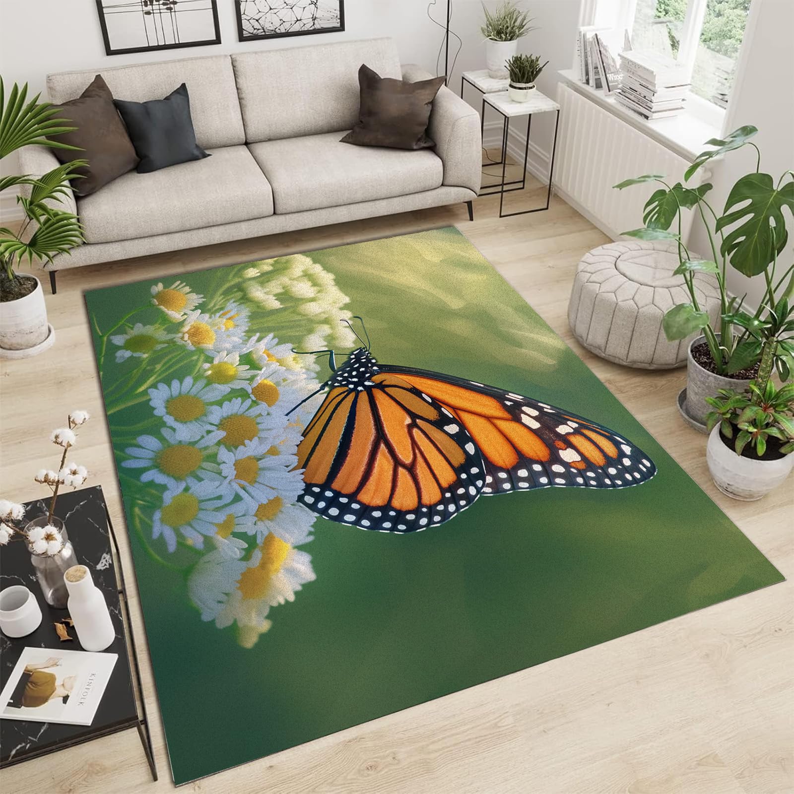 Tapis de salon 200 x 300cm au design moderne de marguerite et papillon