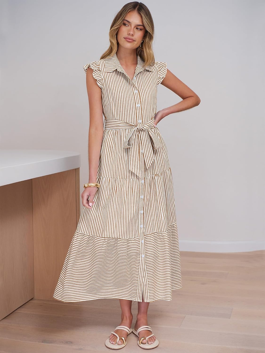 Caracilia Womens Summer Casual Ruffle Cap Sleeve Maxi Dress Button Down Striped Plaid Tie Waist Vacation Long Shirt Dresses - Image 3