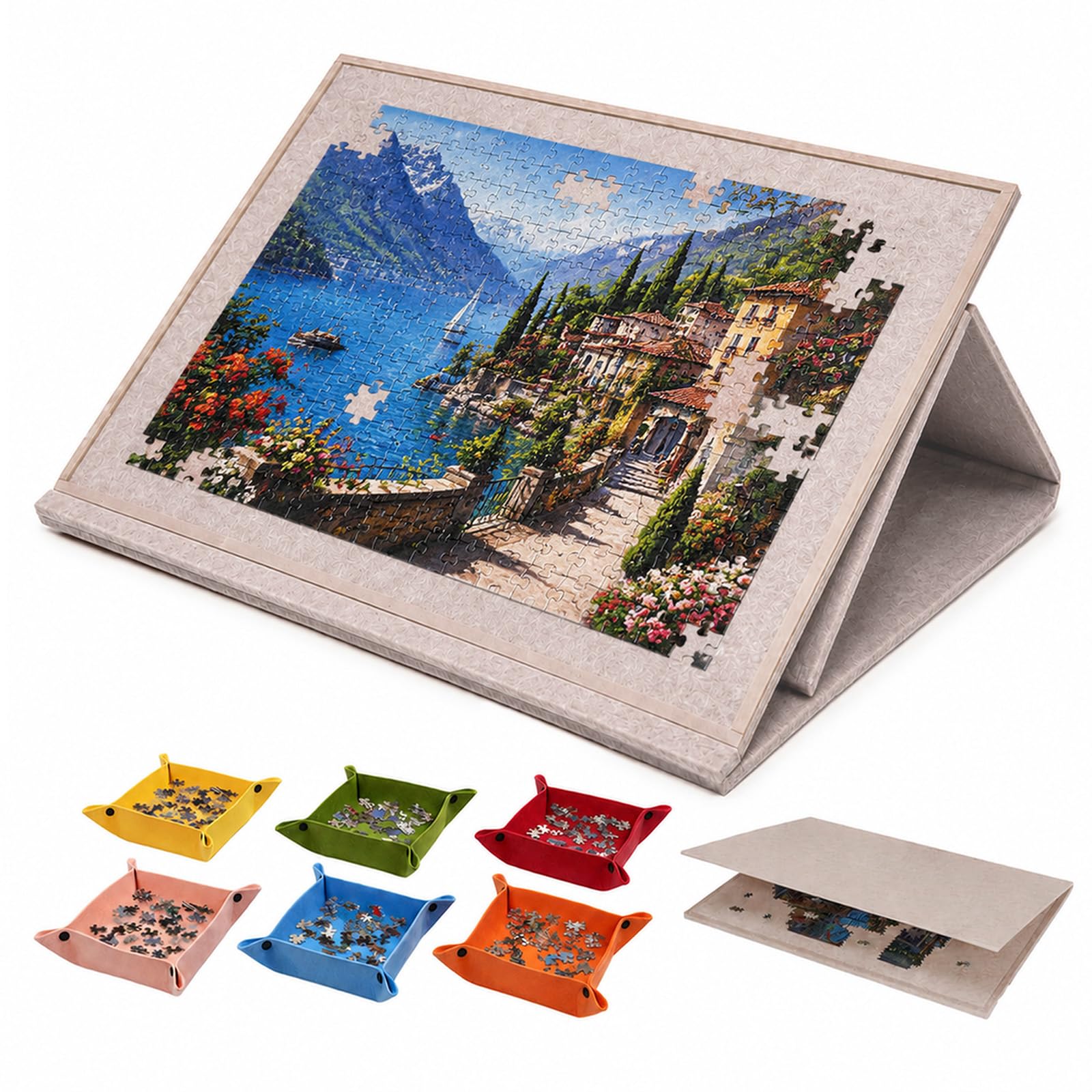 Plateau de Puzzle Pliable 1000 Pièces avec 6 Bols de Tri Colorés, Couverture 2-en-1 et Support de Puzzle, Camel