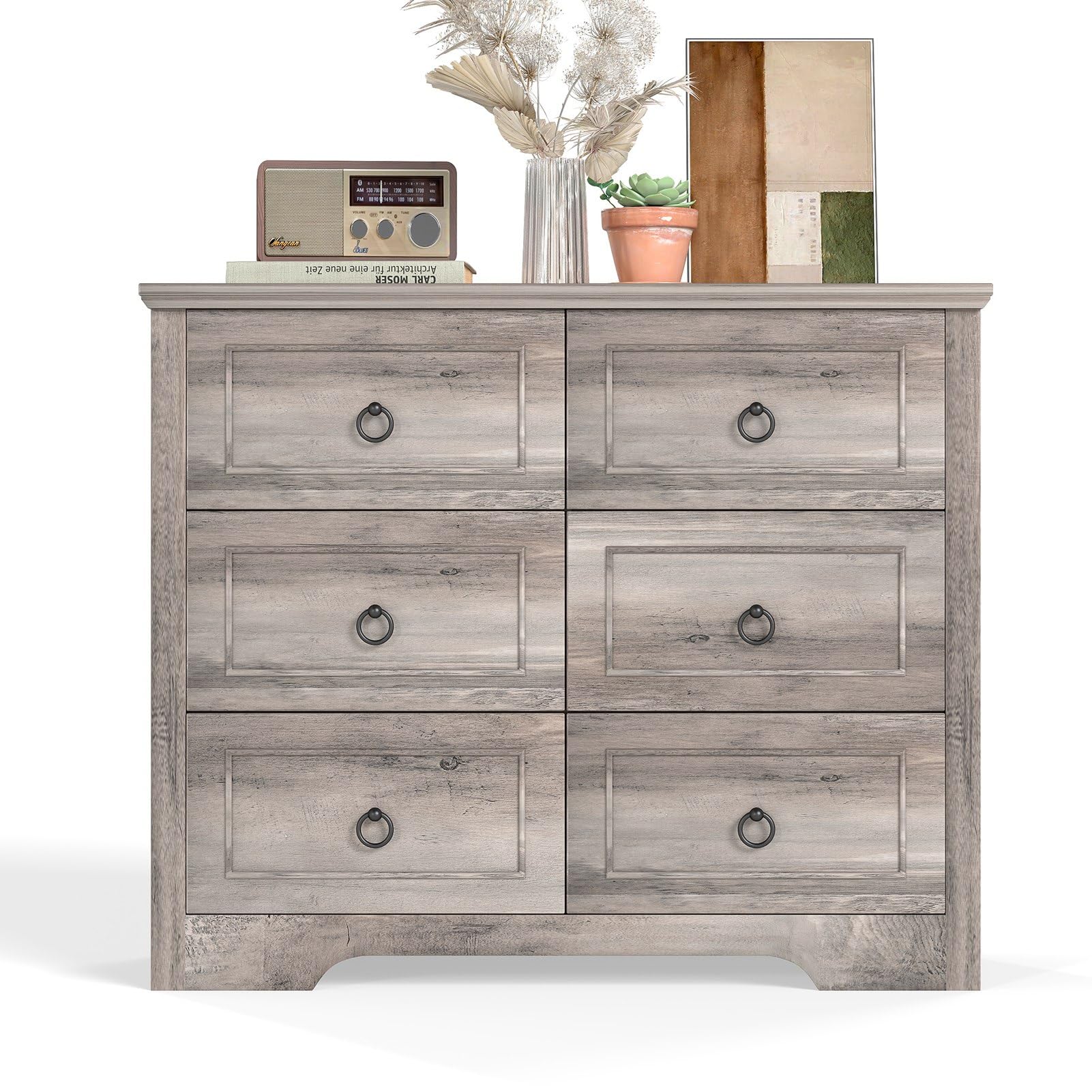 Comò con 6 Schubladen, Commode Holz, Schubladenschrank 102x40x85cm, Komodenschrank con Griffen und Kippsicherung, Cassettiera, Commode Grau per Schlafzimmer, Wohnzimmer