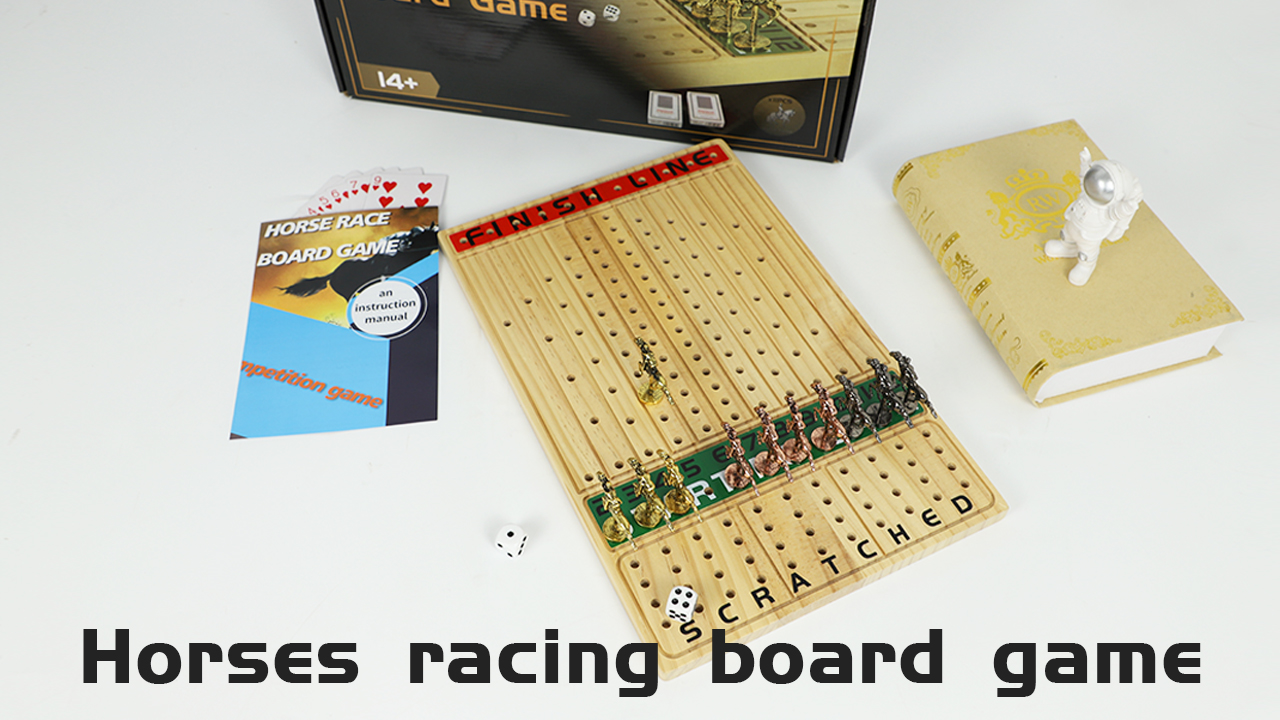 Horse Racing Board Game - 11 Player Solid Wood Game With Real Metal Horses, 4 Dice & Cards (Walnut Finish, 16x11 Inch Board)