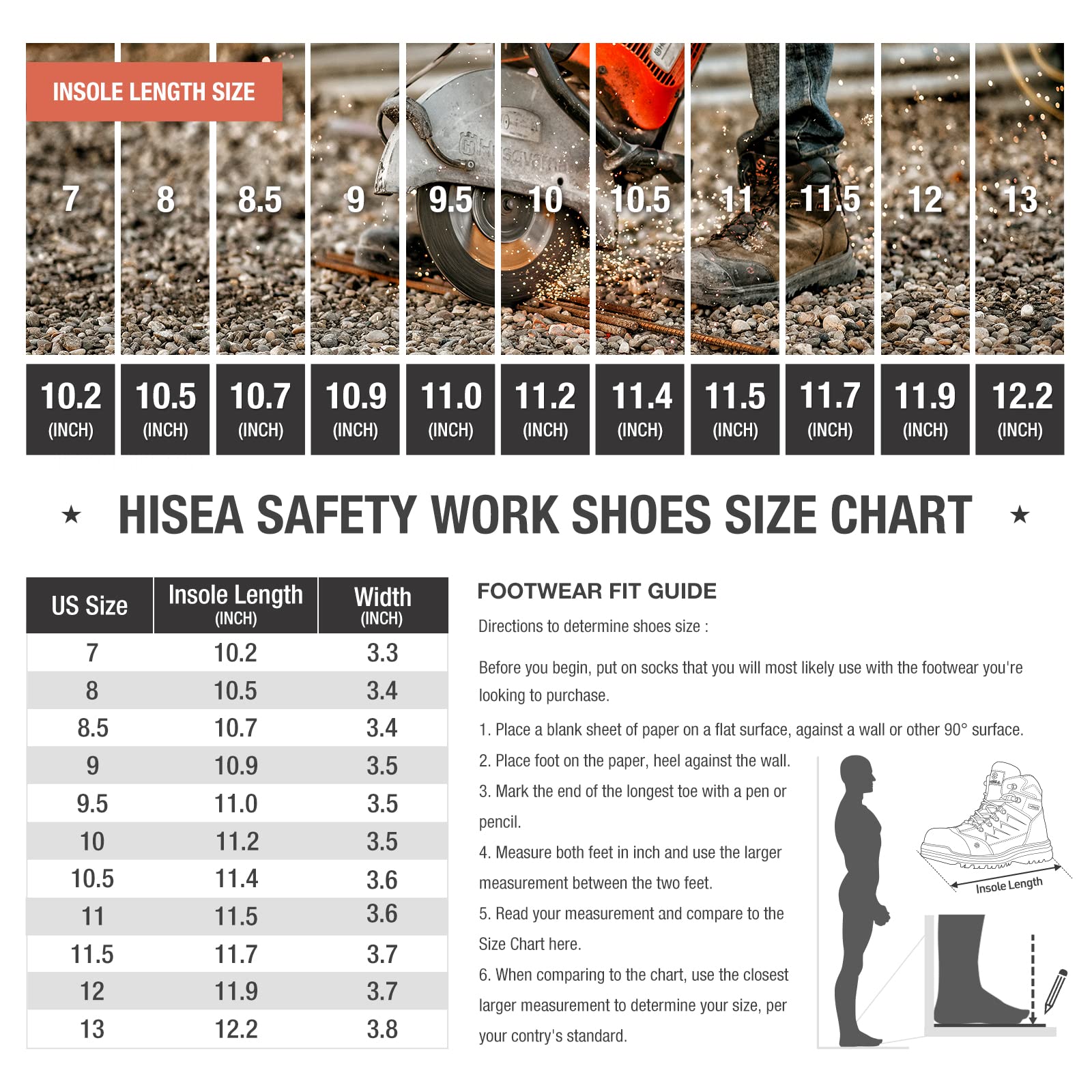 Work Boot Sizing Guide HISEA Men's Composite Toe Work Boots Full Grain Safety Leather Boots ...