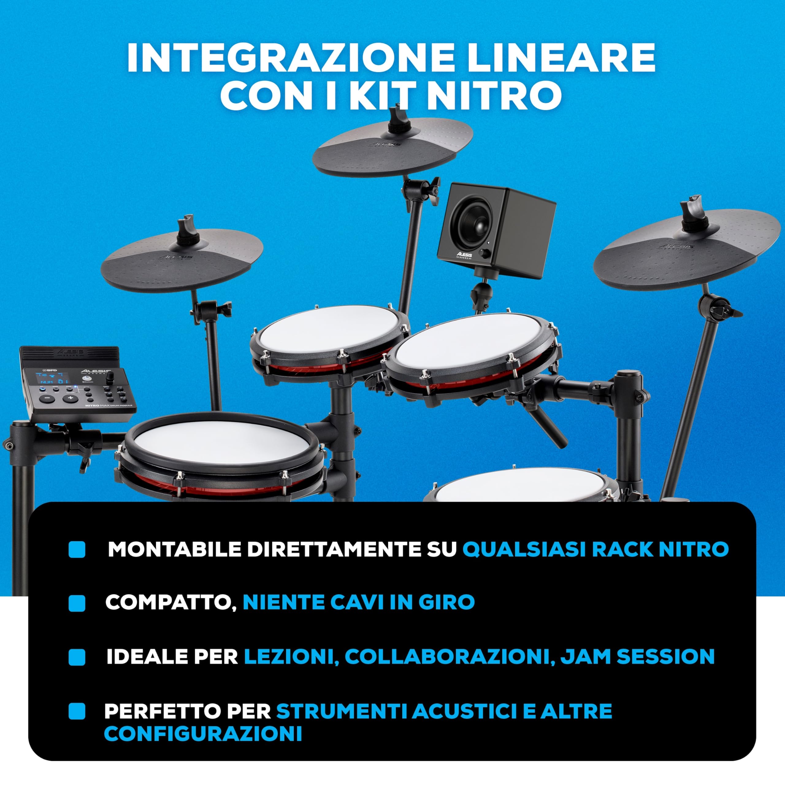 Alesis Nitro Amp Cassa Monitor Montabile su Batteria Elettronica da 3" e 70W ideale per Pratica e Lezioni, con Morseti Inclusi