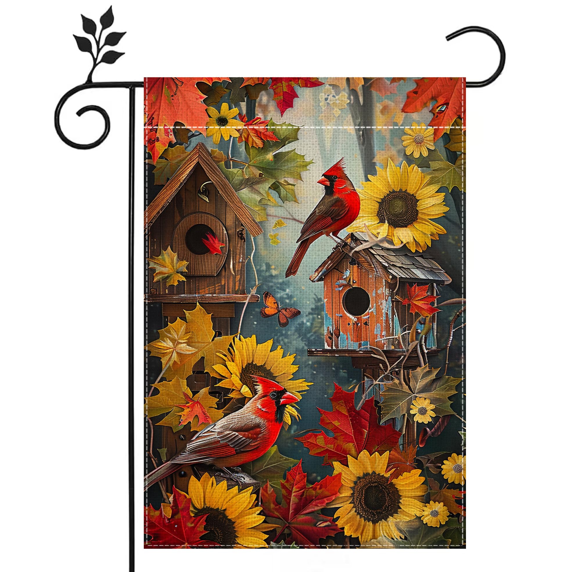 Cardinal Red Bird Birdhouse Garden Flag for Outside 12x18 Inch Double Sided Burlap Fall Farmhouse Sunflower Yard Flag Home Decorations