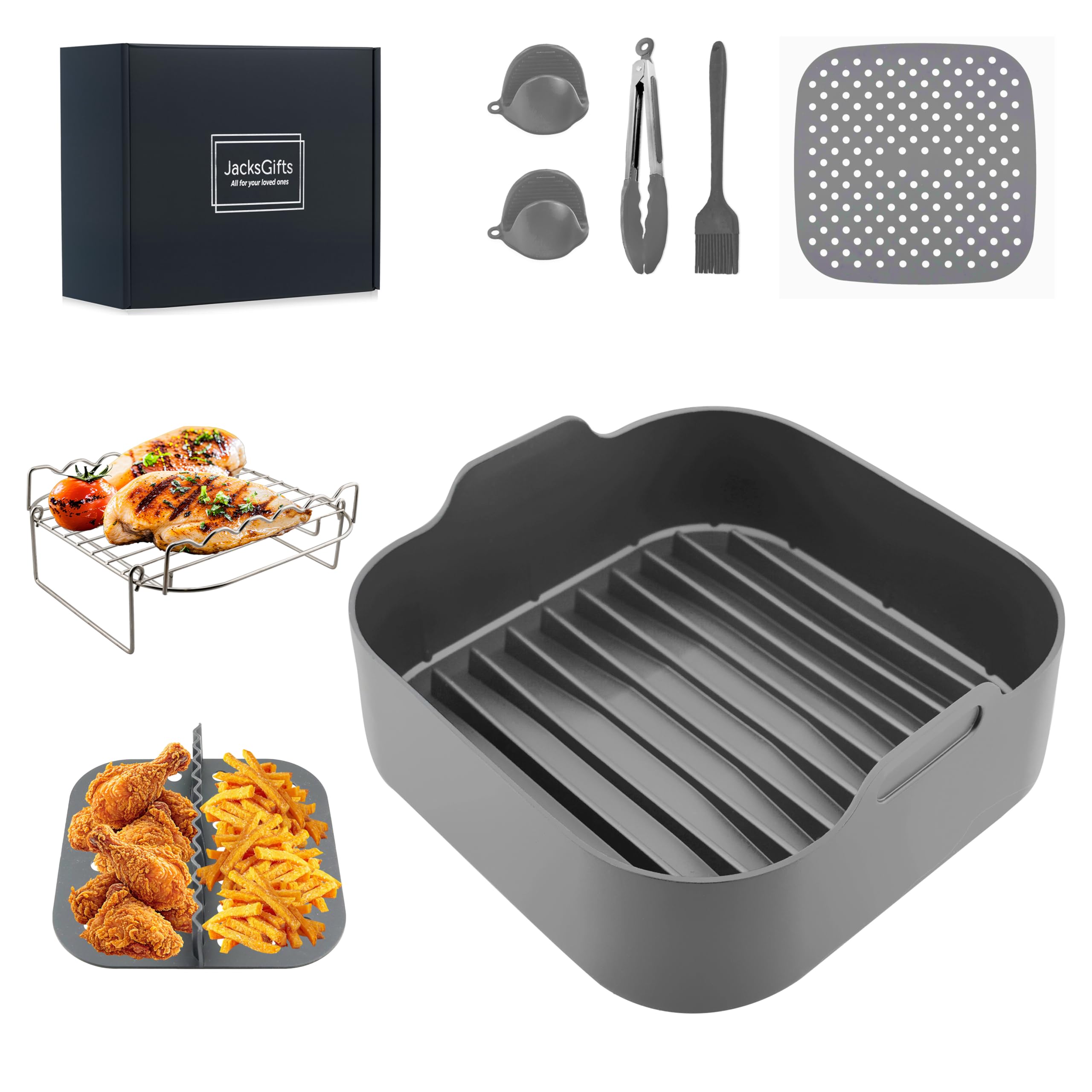 Complete 8 Pack Square Silicone Air Fryer Liners with Stainless Steel Rack & Elevated Base for Ninja AF180UK ON400UK Speedi, All-in-One Accessory Set (Gray)