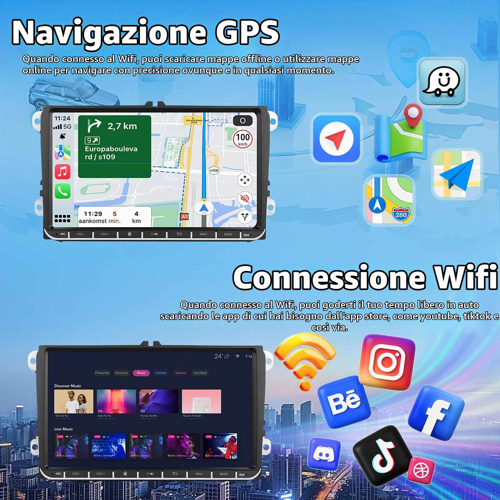 4GB+64GB Autoradio con carplay per VW Passat Golf 5 MK5 MK6 Jetta Polo Touran Sedile Sharan, 9" Stereo Bluetooth con GPS Collegamento a Specchio WiFi RDS/FM Radio Hi-Fi+Backup Telecamera