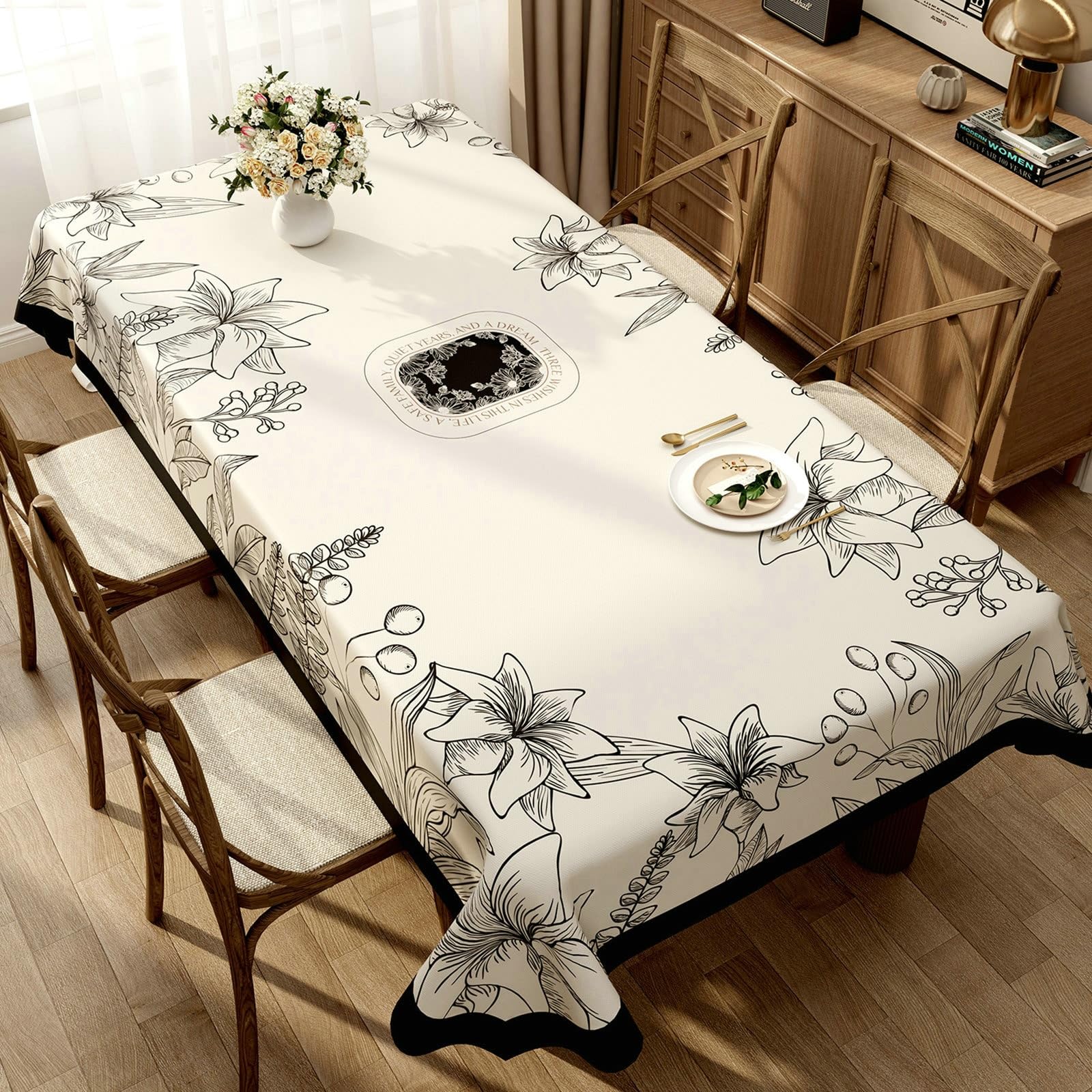 Mantel rectangular de PVC, 60 x 120 cm, color beige y negro
