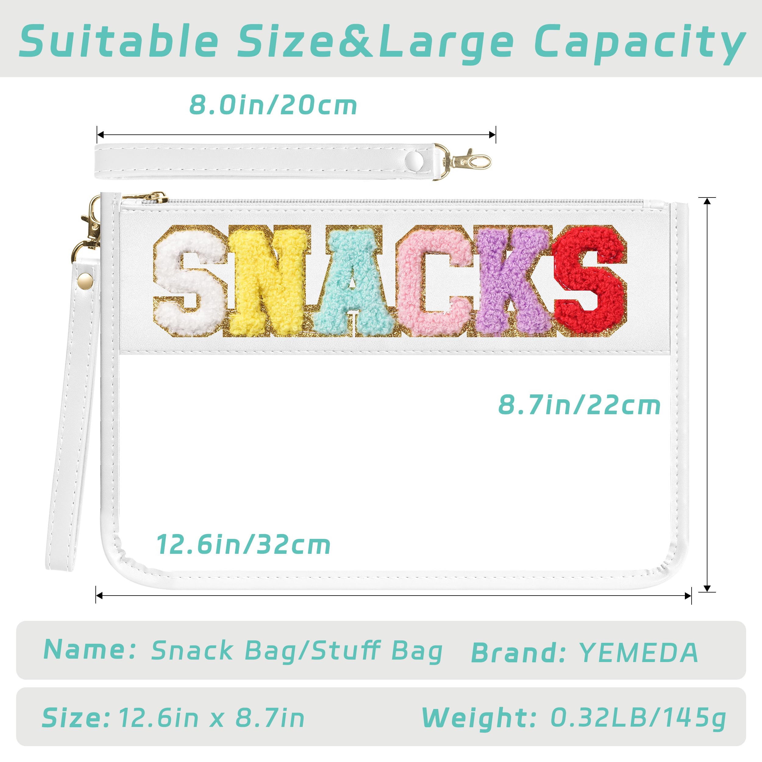 YEMEDA Chenille Letter Clear Zipper Pouch for Travel, Nylon Makeup Letter Bag, PVC Waterproof Cosmetic Bag, Snack Bags for Women Girls, Clear Stuff Bags For Travel(White-Snacks)