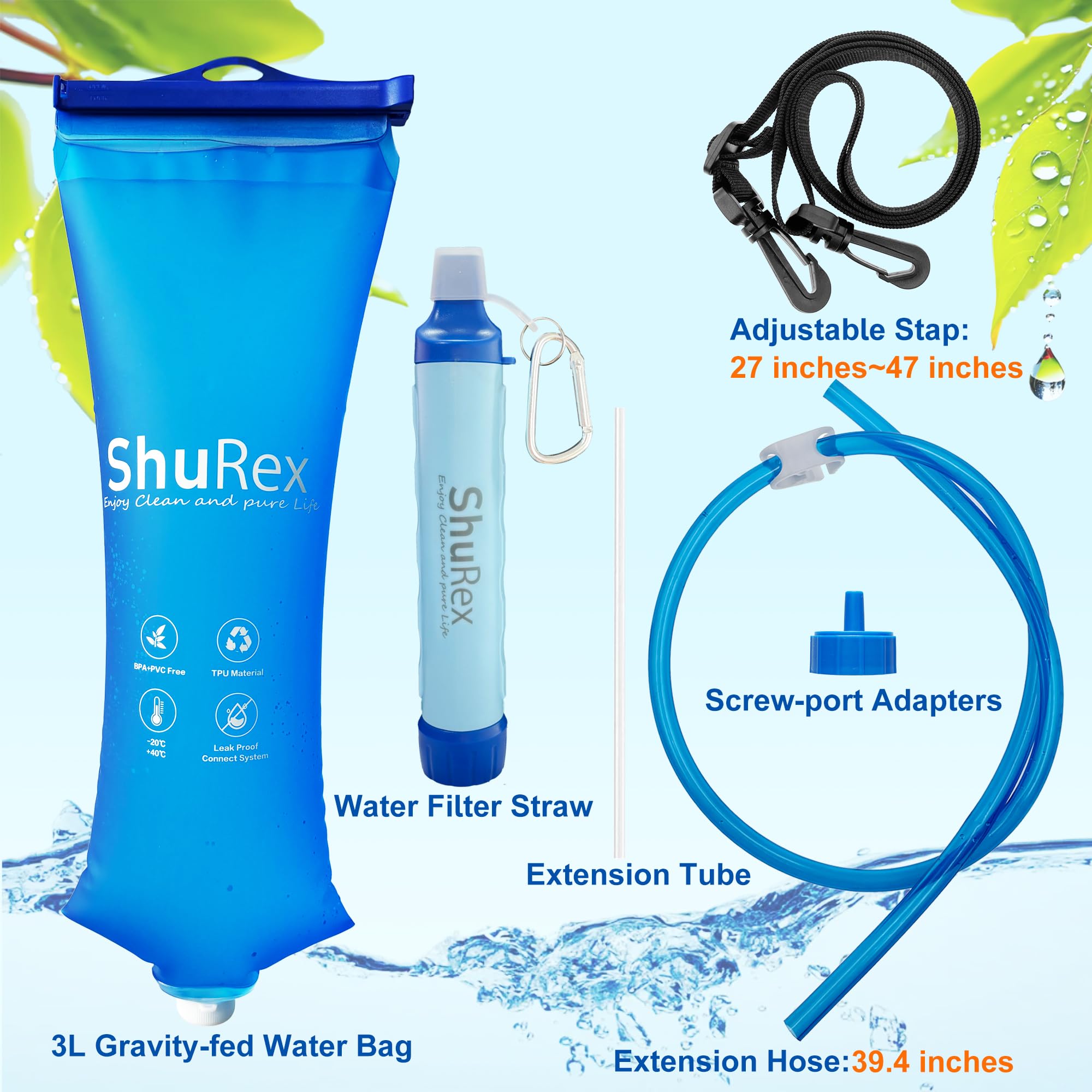 Système de filtration d'eau par gravité, sac de 3 l avec paille filtrante, filtre à fibre creuse et filtre à charbon, pour camping et urgence