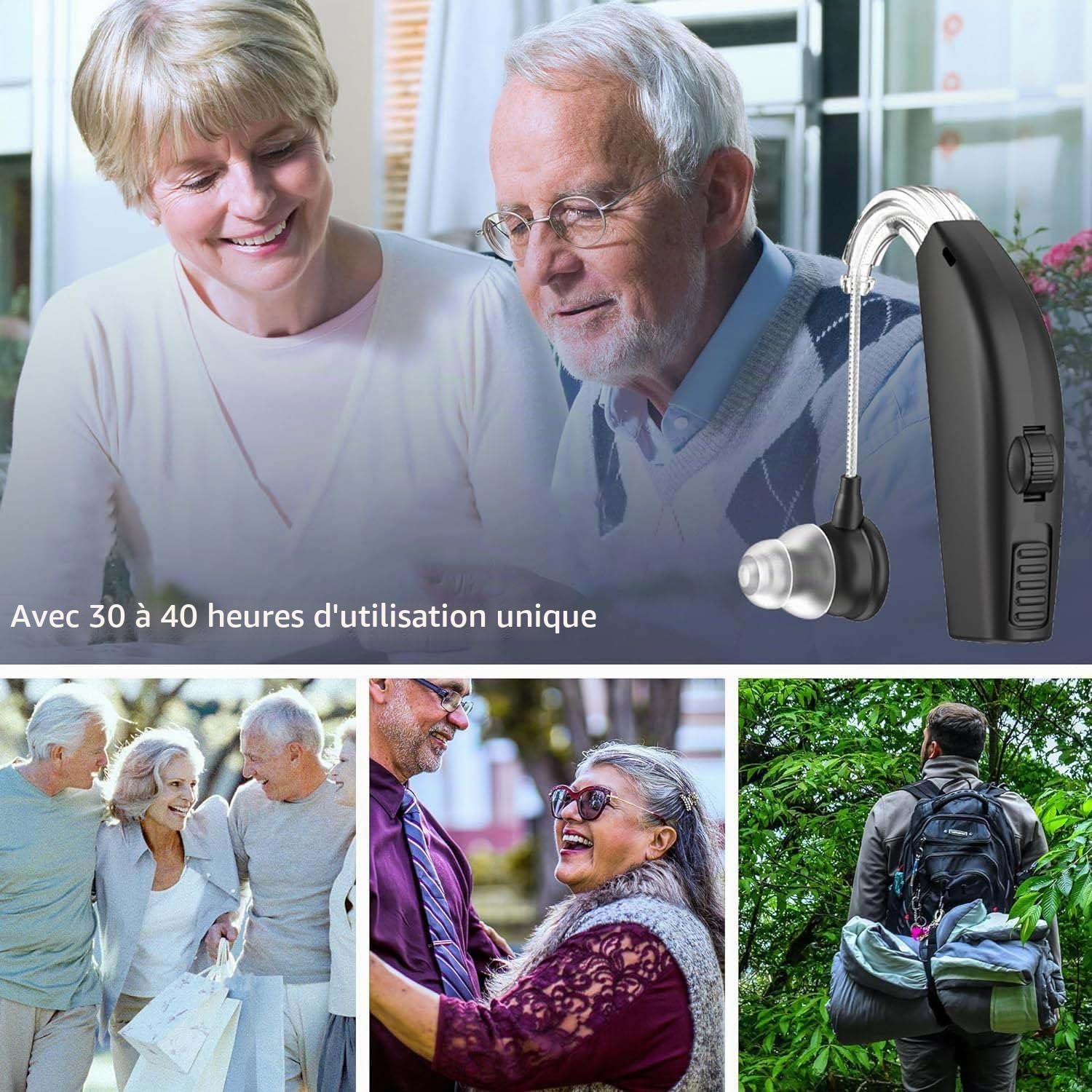Appareil sonore numérique (paire de 2) d'amélioration personnelle, rechargeable avec une autonomie d'une journée, noir