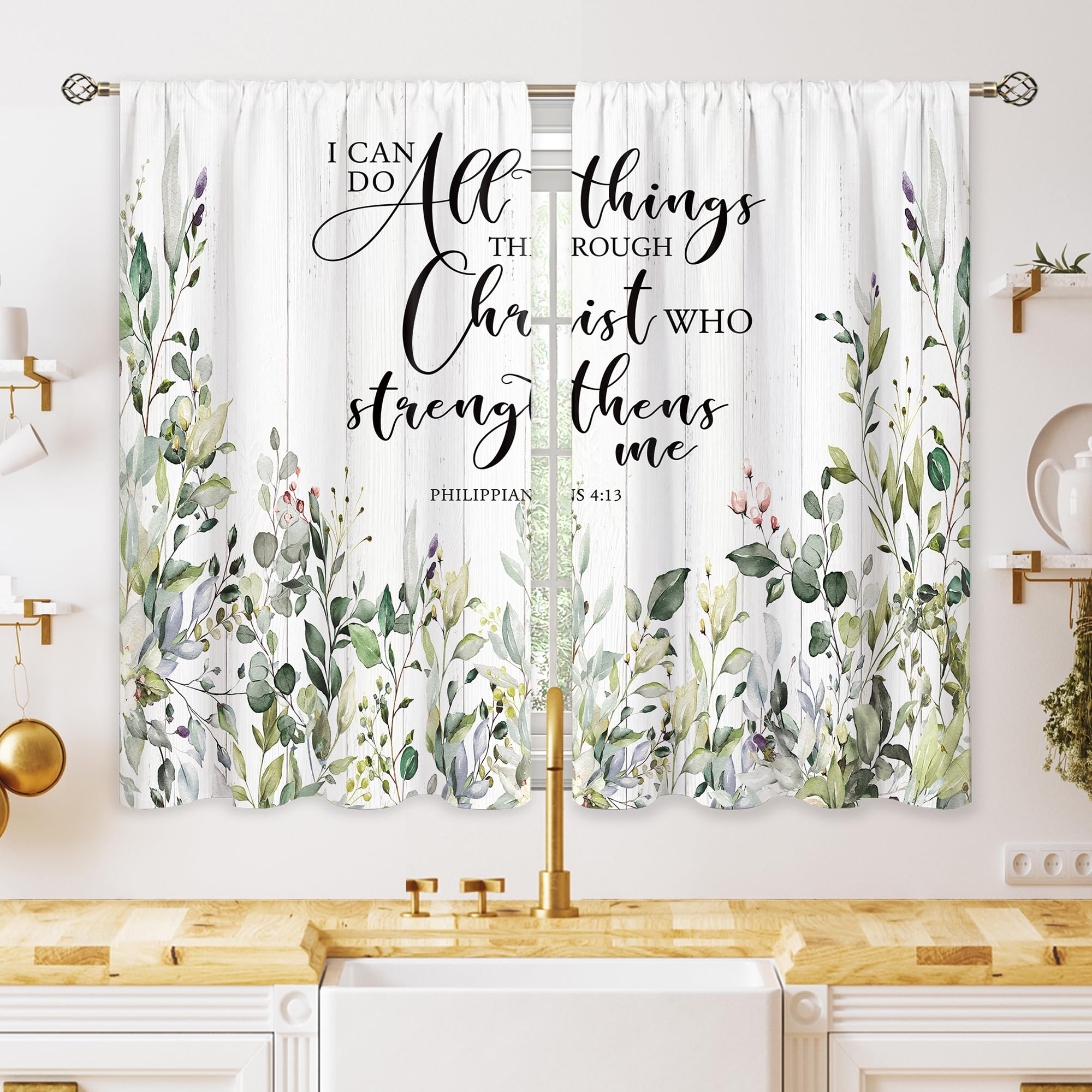oolygoo Farmhouse Wooden Eucalyptus Small Kitchen Curtains Botanical Leaf Bible Quotes Floral Window Treatment Flower Cafe Short Window Curtains for Bathroom Dining Laundry Room Tier Treatment Drapes — image 1