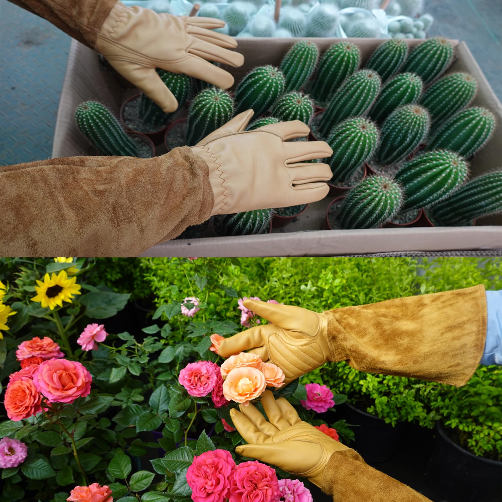 Freichaza Gartenhandschuhe aus Leder, lange Unterarmschutzhandschuhe für Damen/Herren, wasserdicht, weich, atmungsaktiv, Dornen- und schnittfest, Braun