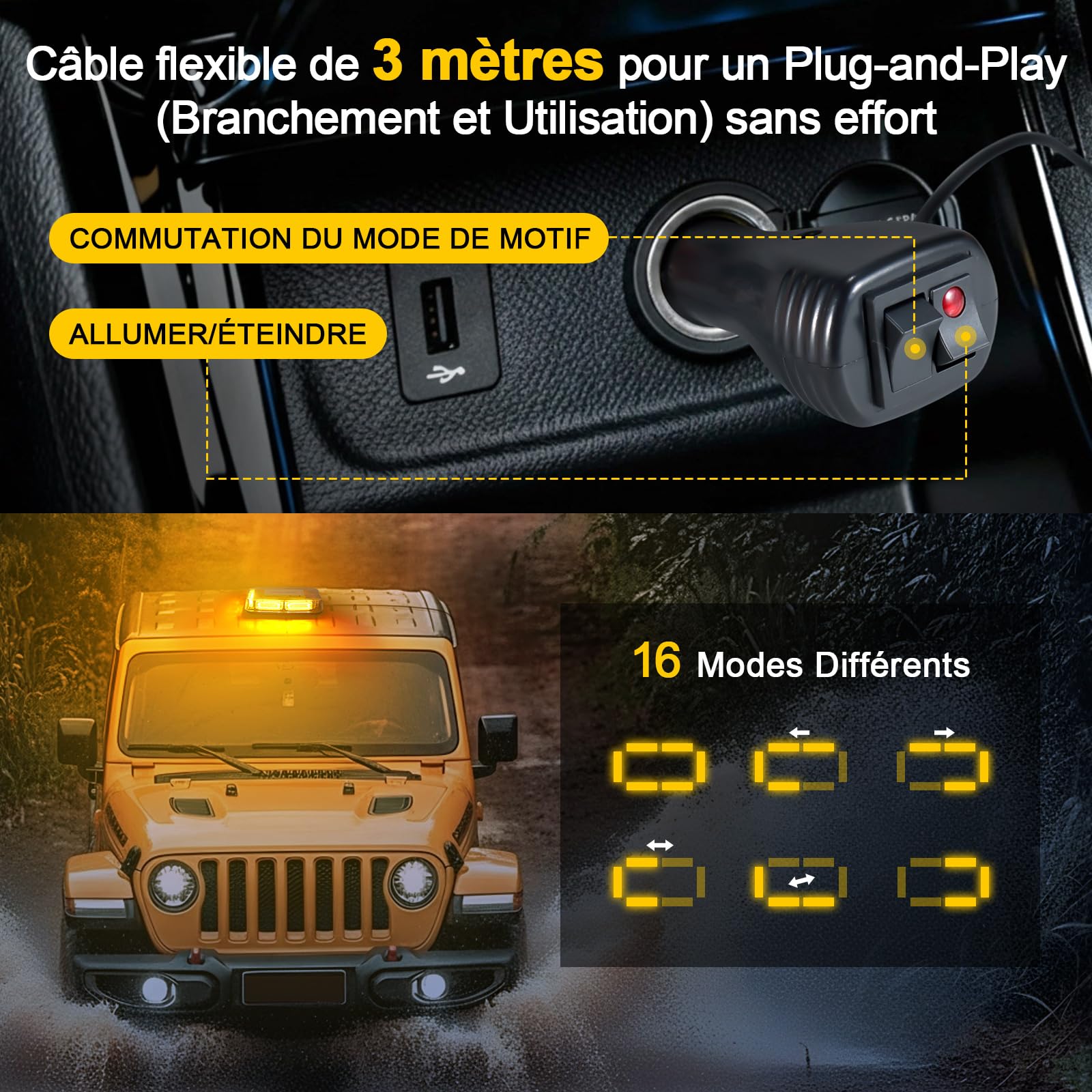 Rampe Gyrophare 90 LED 12V-24V Orange Magnétique pour Véhicule Chantier | Fixation 130 km/h Anti-Rayures, Câble 3 m Allume-Cigare, Norme Étanche IP65, 16 Motifs Mémoire
