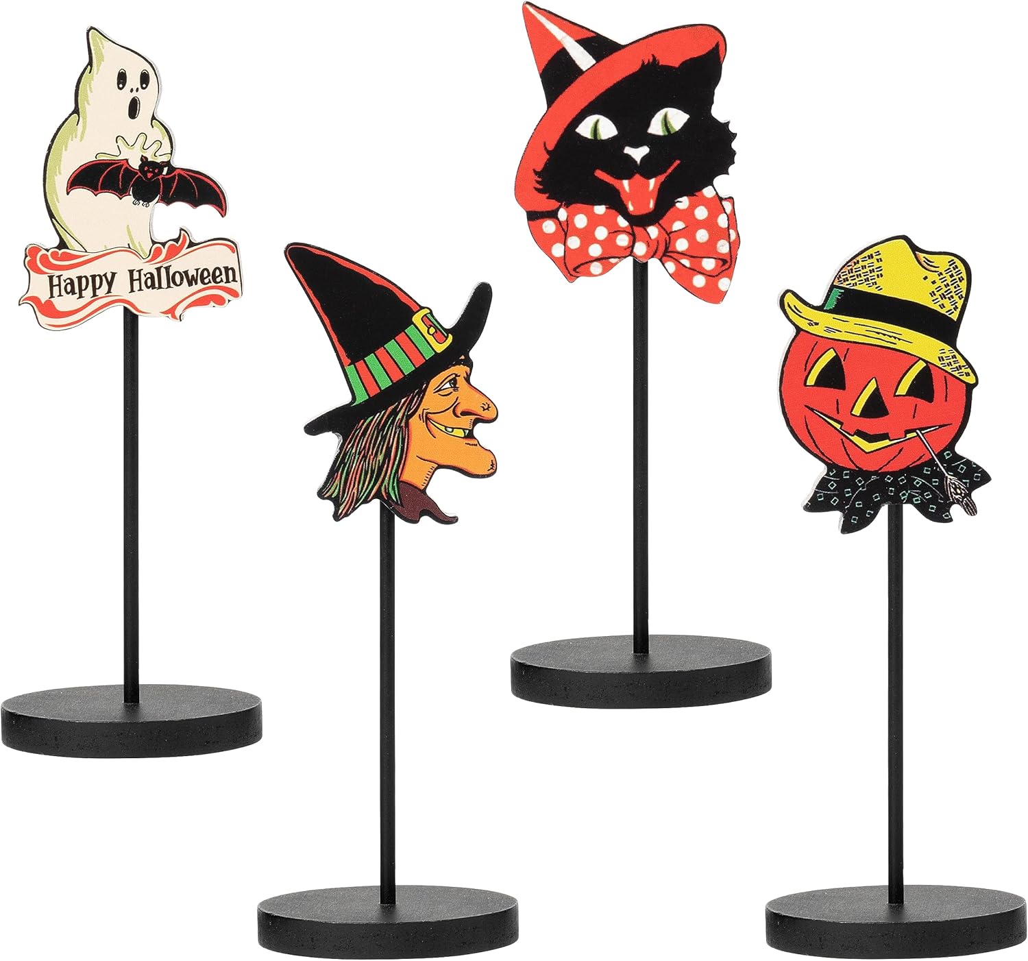 K1tpde 4PCS Vintage Halloween Tiered Tray Sign Wooden Black Cat Tall Standing Block Table Centerpiece for Halloween Witch Sign Table Top Home Decorations Happy Halloween Table Decor for Holiday