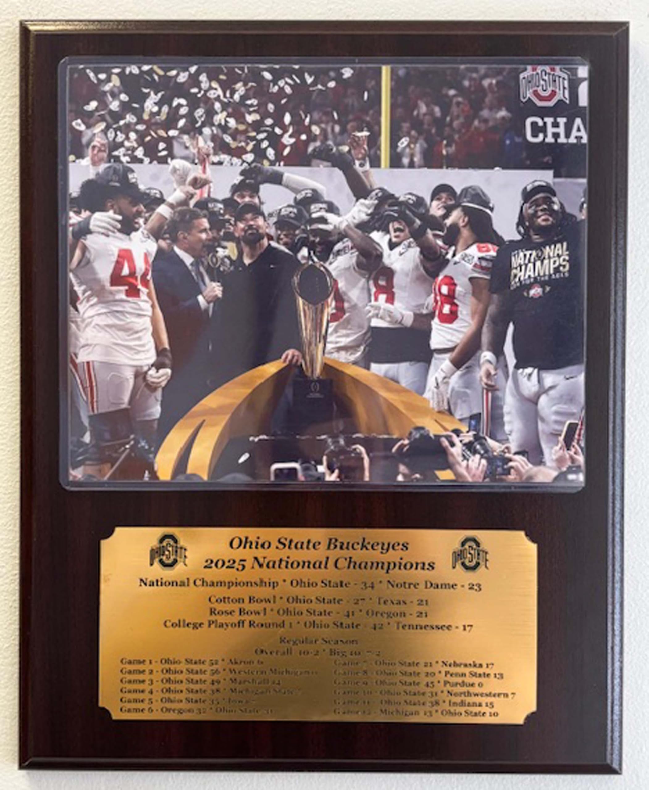 Ohio State 2024-25 National Champions 8x10 Photo Plaque with an Engraved nameplate with The Season Results (Mahogan)