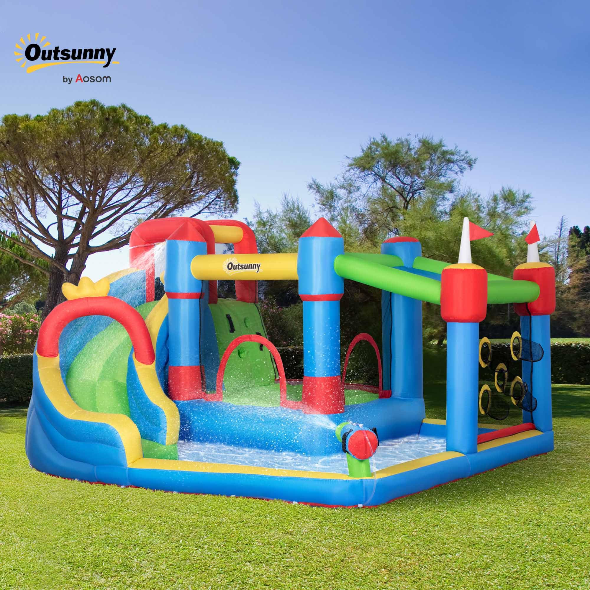 Outsunny Hüpfburg mit Gebläse für Kinder aufblasbare 6 in 1 Wasserpark mit Wasserrutsche Planschbecken Kletterwand Trampolin Wasserpistole für Indoor Outdoor Geschenk Geburtstag für 3 Kinder 3–8 Jahre