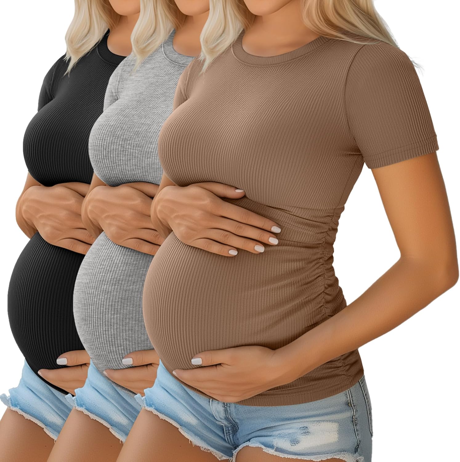 Ficerd 3 Pack Women's Maternity Shirts Cotton Short Sleeve Pregnancy Tops Side Ruched Ribbed Casual Mama tees Clothes