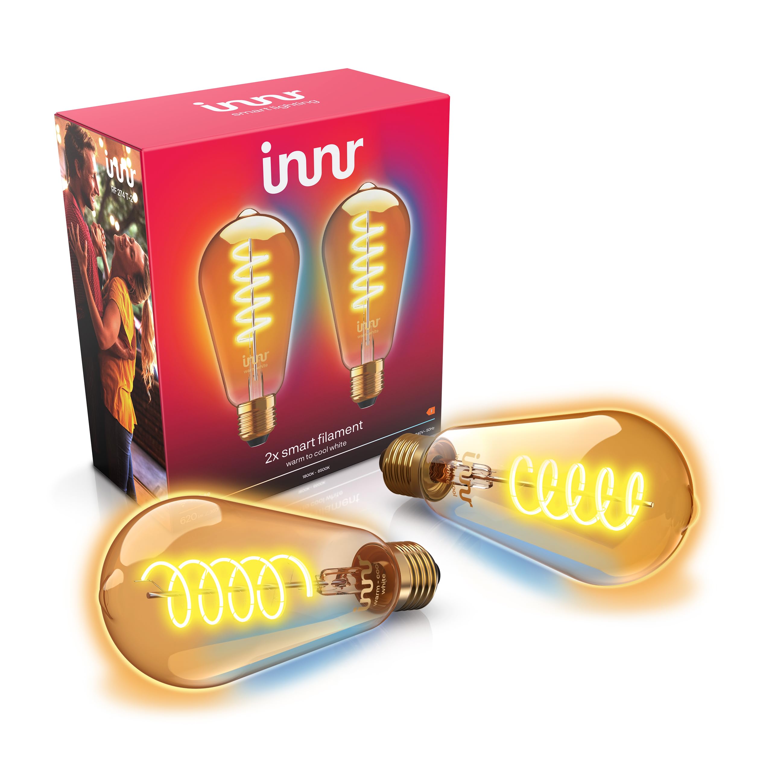 innr innr Zigbee E27 Smart Lampe, funktioniert mit Alexa und Hue* (Bridge erforderlich), Edison LED Glühbirne, Warmweiß bis Kaltweiß, Dimmbar, Smart Home Lampe, 620lm, 2 Stück