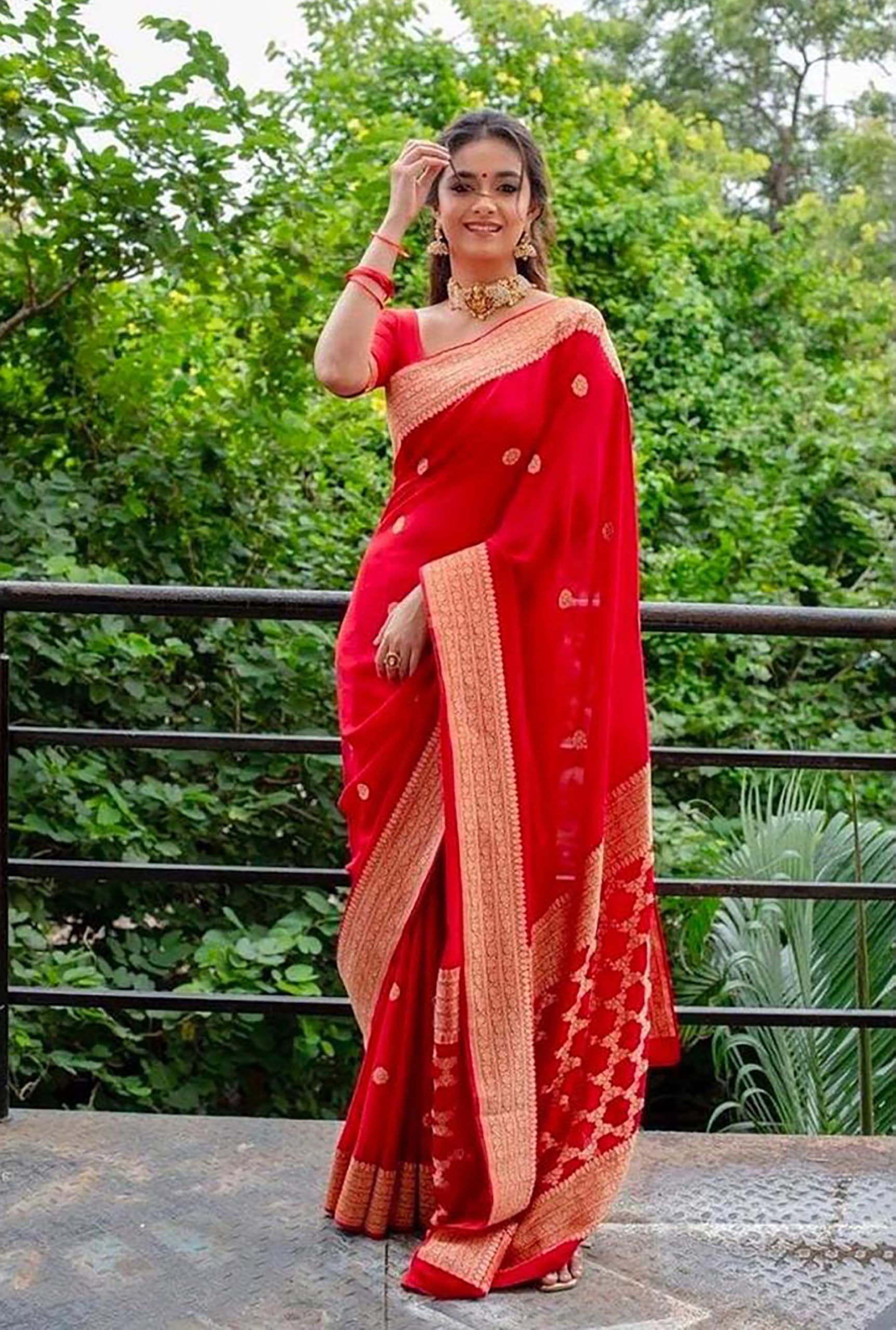 Anjaneya Sarees Woven Silk Banarasi Kanjivaram Saree (Red) 1
