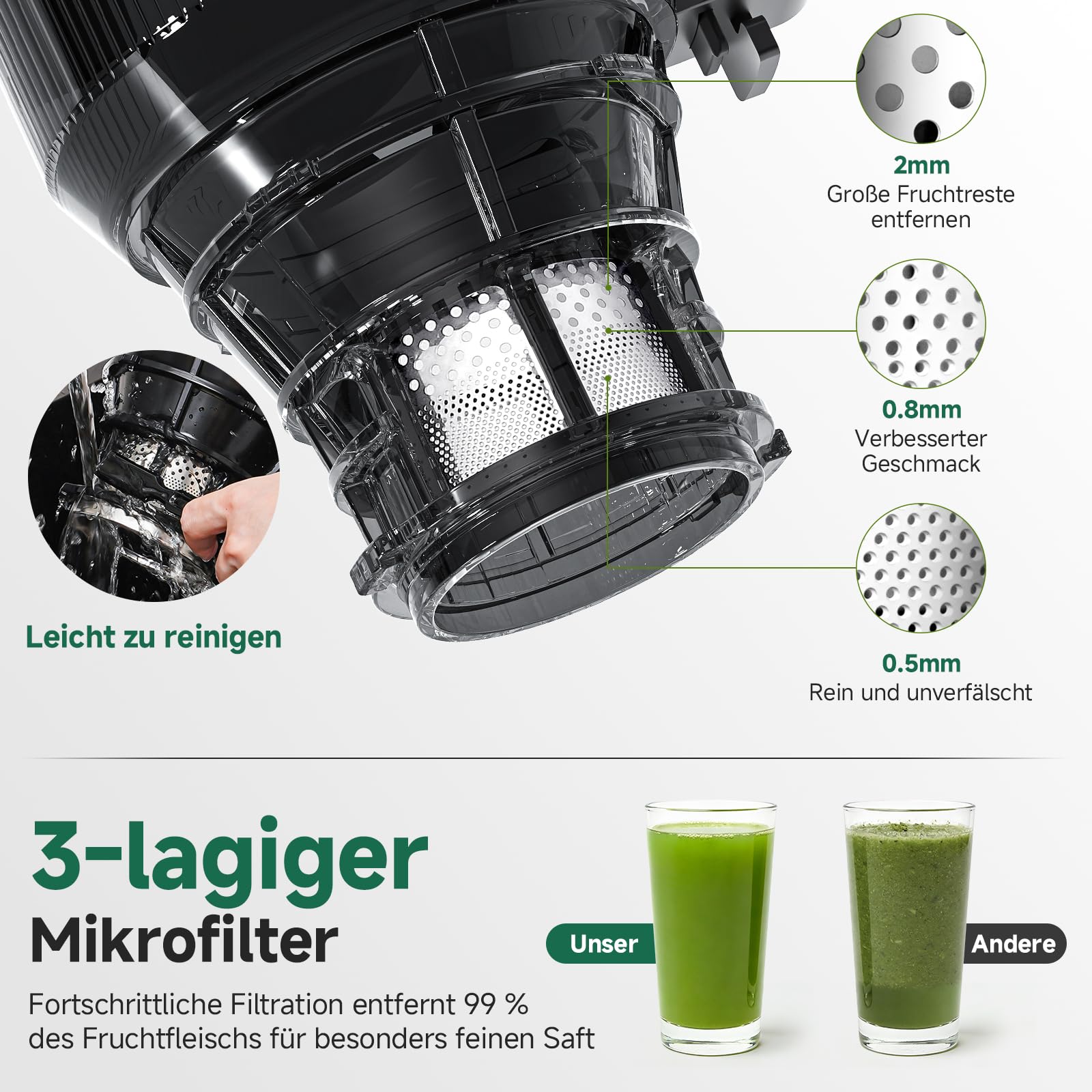 AMZCHEF 250W Automatischer All-In-One Entsafter, 150MM Öffnung, 2L Kaltpress Slow Juicer mit Dreifachem Filter - Schwarz