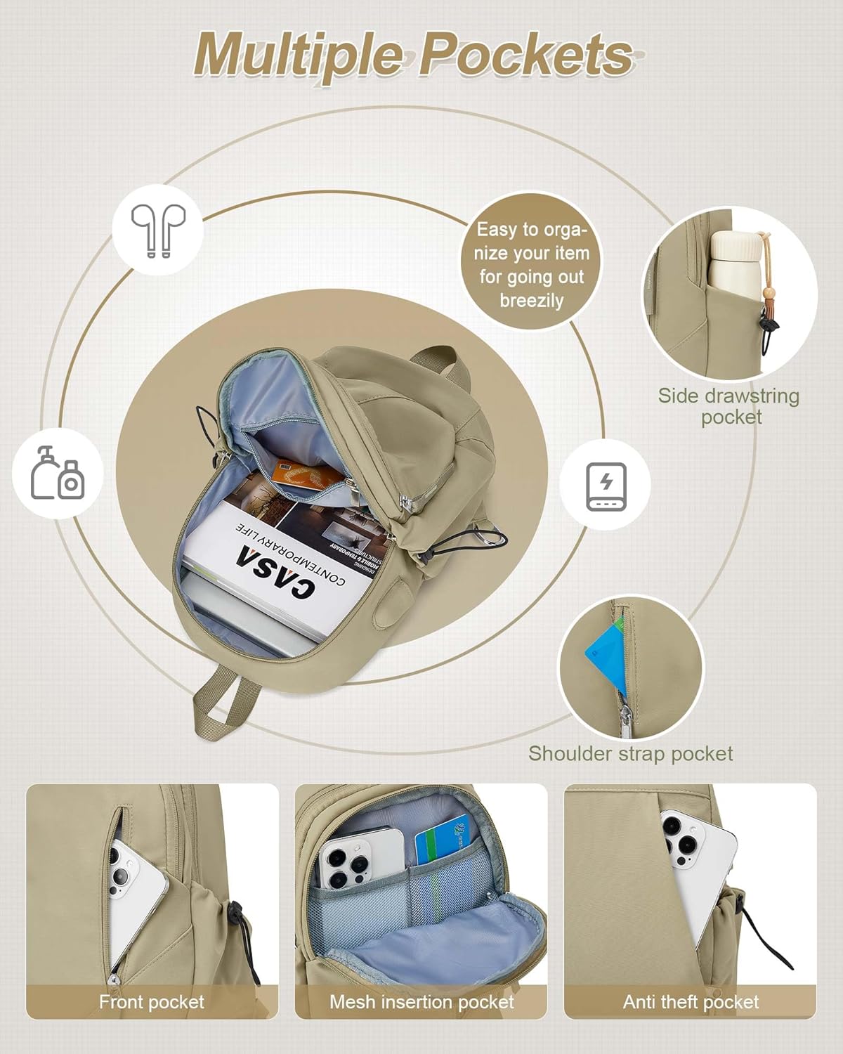 Sling Crossbody Bag for Men Women, Tactical Backpack Shoulder Daypack Mini Anti-Theft Motorcycle Chest Bags, Small One Strap Backpack for Casual Travel Hiking Outdoor Sports Khaki - Image 5