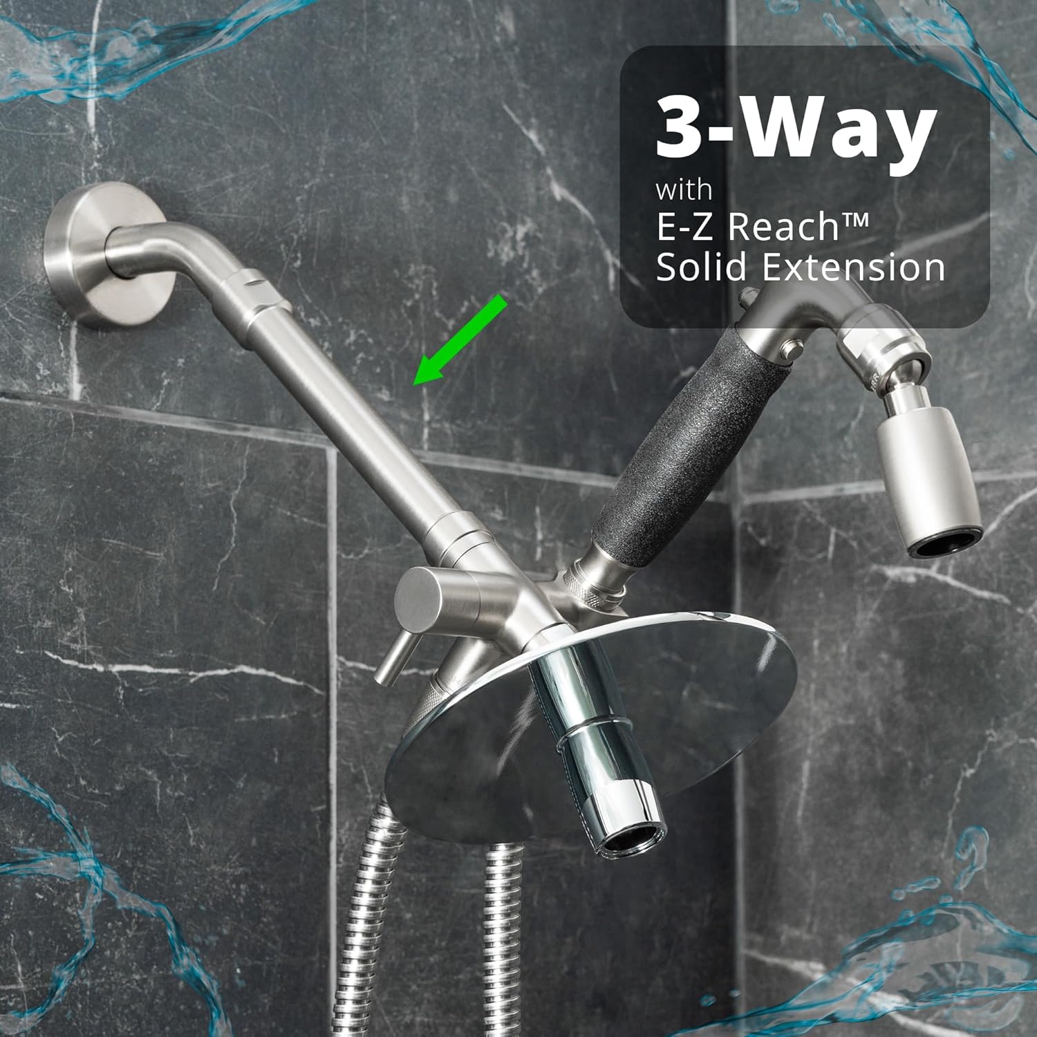 High Sierra® Lead-Free Metal 3-way Combo Shower Kit. Built in Diverter Valve Effortlessly Diverts Flow from the Fixed Shower Head to the Handheld and back - Low Flow 1.8 GPM - Chrome