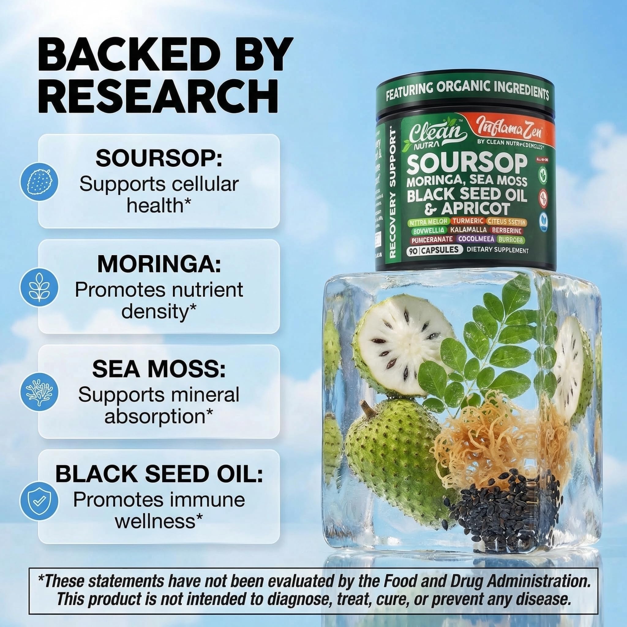 Clean Nutra Soursop Supplement Moringa Sea Moss Black Seed Oil Berberine Turmeric Resveratrol Quercetin Greens Bitters Boswellia Bitter Melon Burdock Root Antioxidant Support 90 Capsules — Amazon image 3