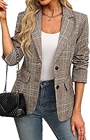 ELLEVEN Women's Houndstooth Plaid Boyfriend Blazer Jacket - Lapel Collar, 2-Button, Work Office Chic Blazer