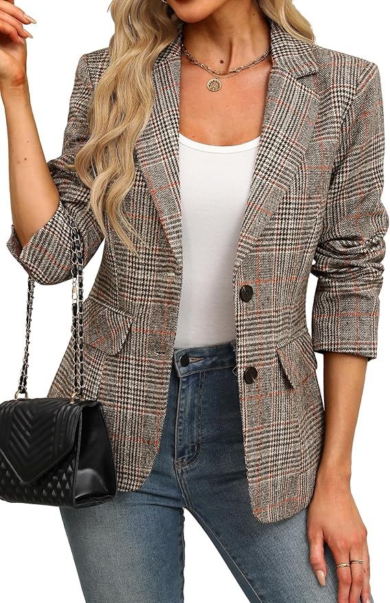 ELLEVEN Women's Plaid Blazer Jacket