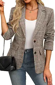 ELLEVEN Blazer feminino com gola de lapela xadrez com 2 botões para namorado, jaqueta blazer Houndstooth para trabalho e escritório