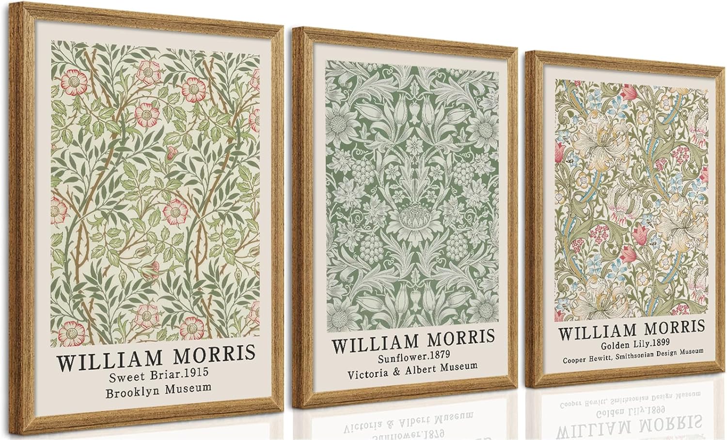 SYWENNOI 3 Pieces Wood Frames Vintage Floral Canvas Wall Art, William Morris Textured Art Wall Decor, Sweet Briar Sunflower Golden Lily Botanical Designs Prints for Living Room Bedroom Offices 12x16 16"L x 12"W Morris Floral