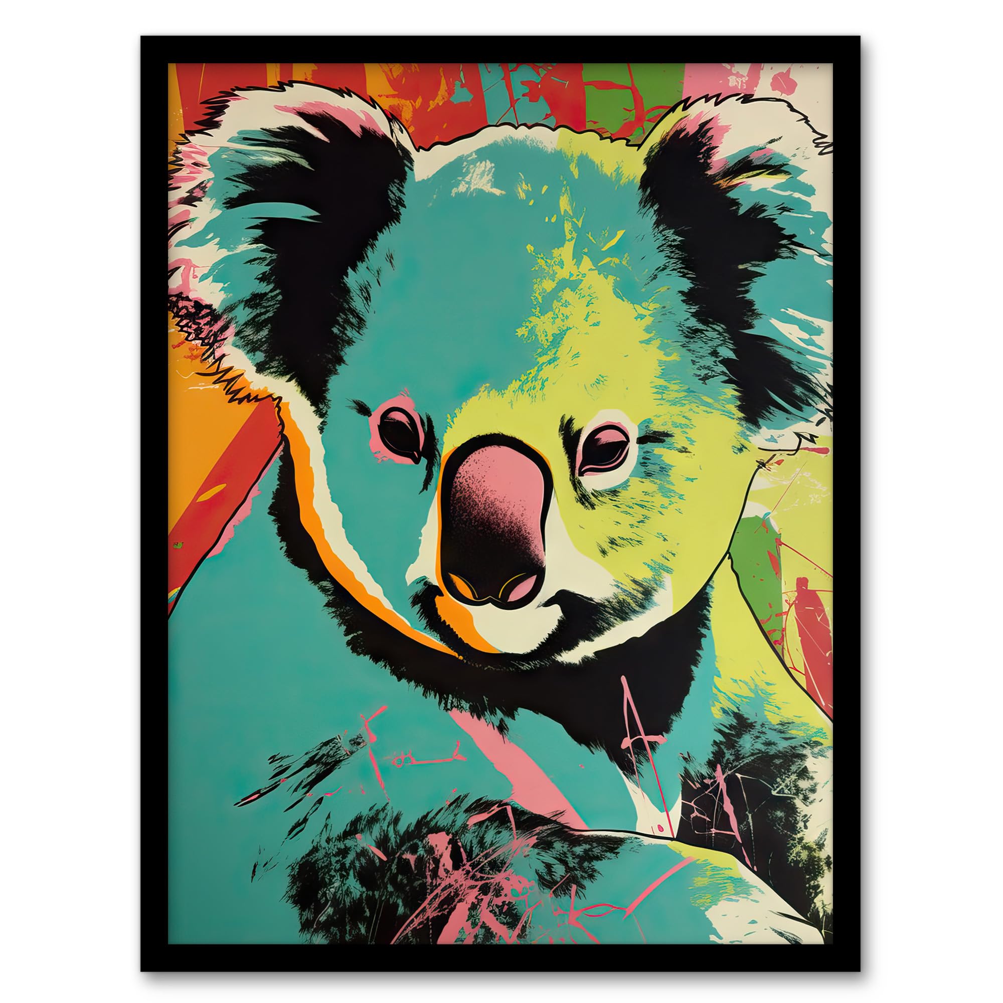 Artery8 Koala Bear Abstract Teal And Orange Artwork Animal Portrait Vibrant Bold Bright Colourful Painting Artwork Framed Wall Art Print A4