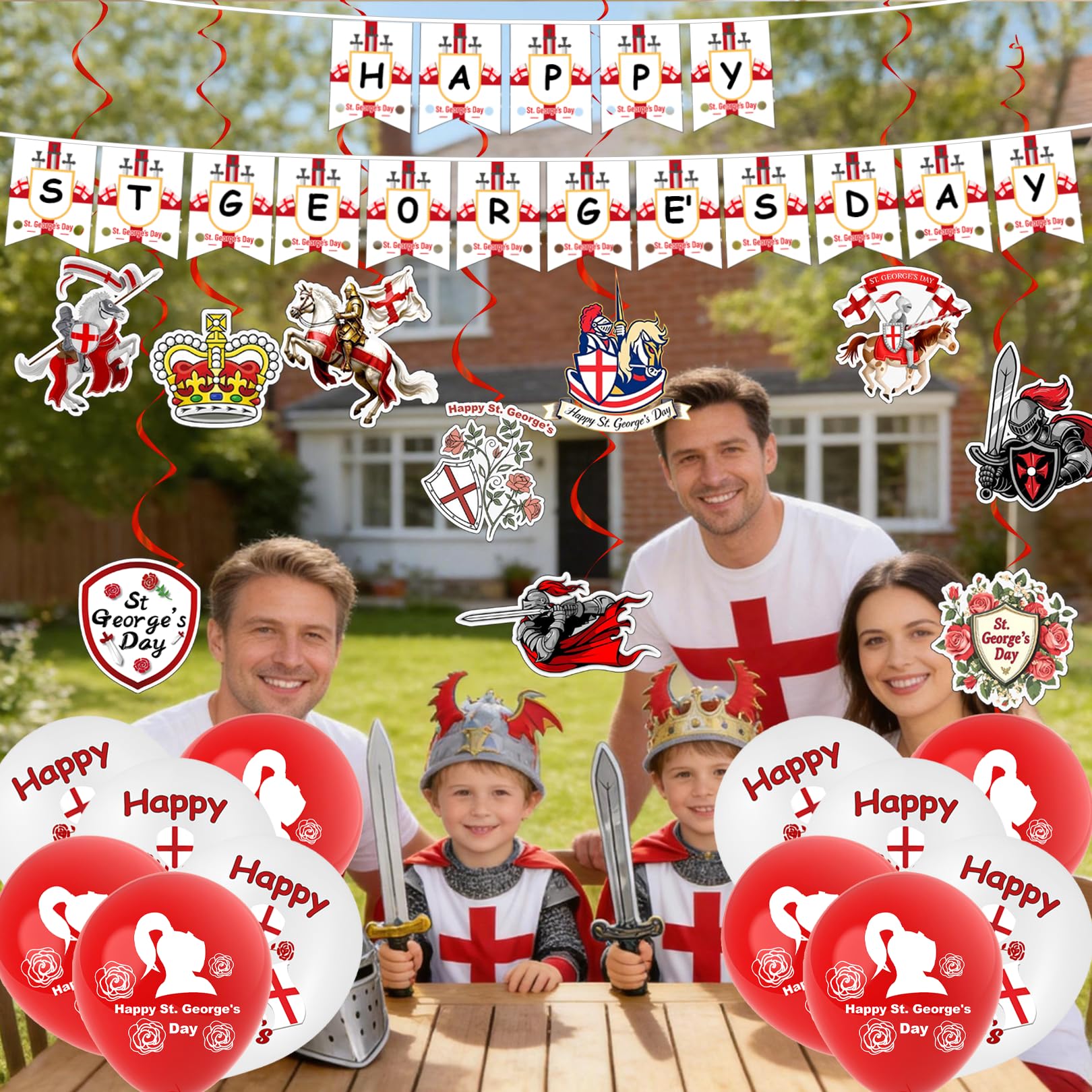 England St Georges Day Decorations Kit Happy St Georges Day Banner Swirls Balloons Hanging Decorations Indoor Outdoor Party Celebration Accessories — view 7