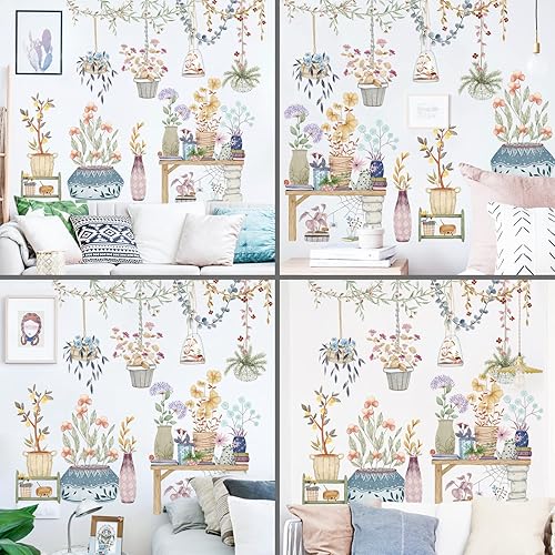 Miniatura 5 de Calcomanías de pared extraíbles para colgar en macetas, calcomanías de pared de plantas coloridas, calcomanías de pared con colgante floral de