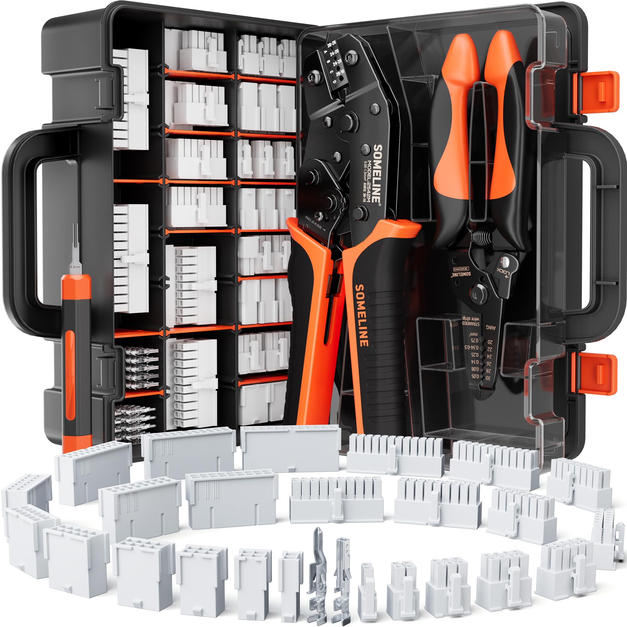 SOMELINE Pinza Crimpatrice Mini-Fit Jr Connettori Set, 2-24 Pin 4,2mm (0,25-1,5mm²/24-16 AWG), con Estrattore & Spelafili, per PC & Stampante 3D - Pinza per Molex, Dupont, KF2510, TE