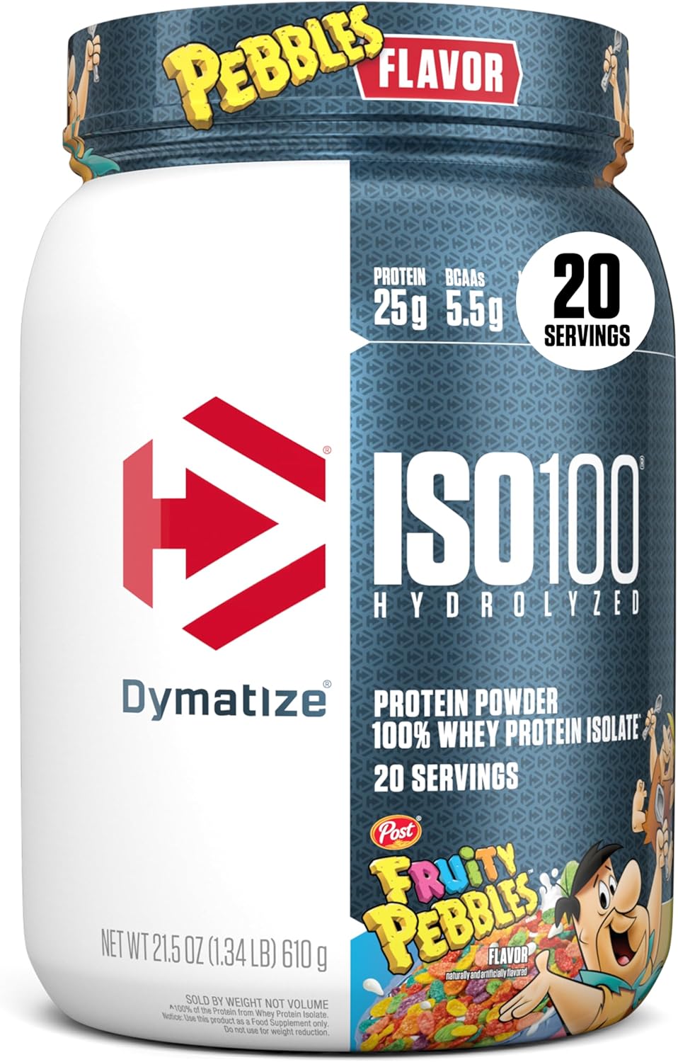 Dymatize x Fruity Pebbles ISO100 Whey Protein Powder Isolate, 25g of Protein, 20 Servings, 5.5g BCAAs, 120 Cal., Gluten Free, 1g Fat, 1g Sugar, 2g Carb protein powder by Dymatize