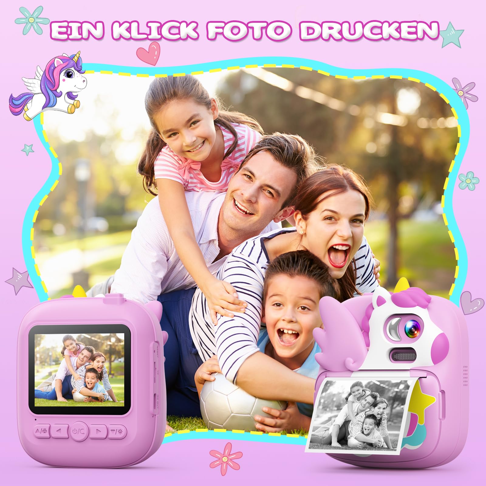 CAMCLID Kinderkamera Sofortbildkamera 2,4 Zoll 1080P HD Digitalkamera mit 32G TF Karte und Fotopapier Lila