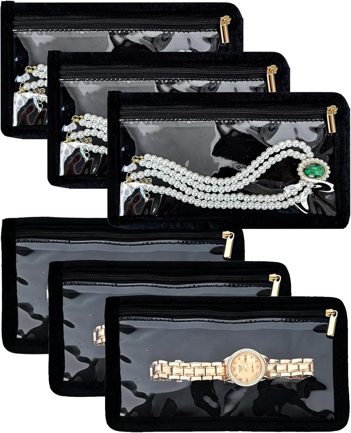 Large Travel Jewelry Box, Hard Shell PU Leather with 20 Zippered Clear Pockets for Earrings Rings Necklaces (1-Section Inner Pages,Black,Pack of 6)
