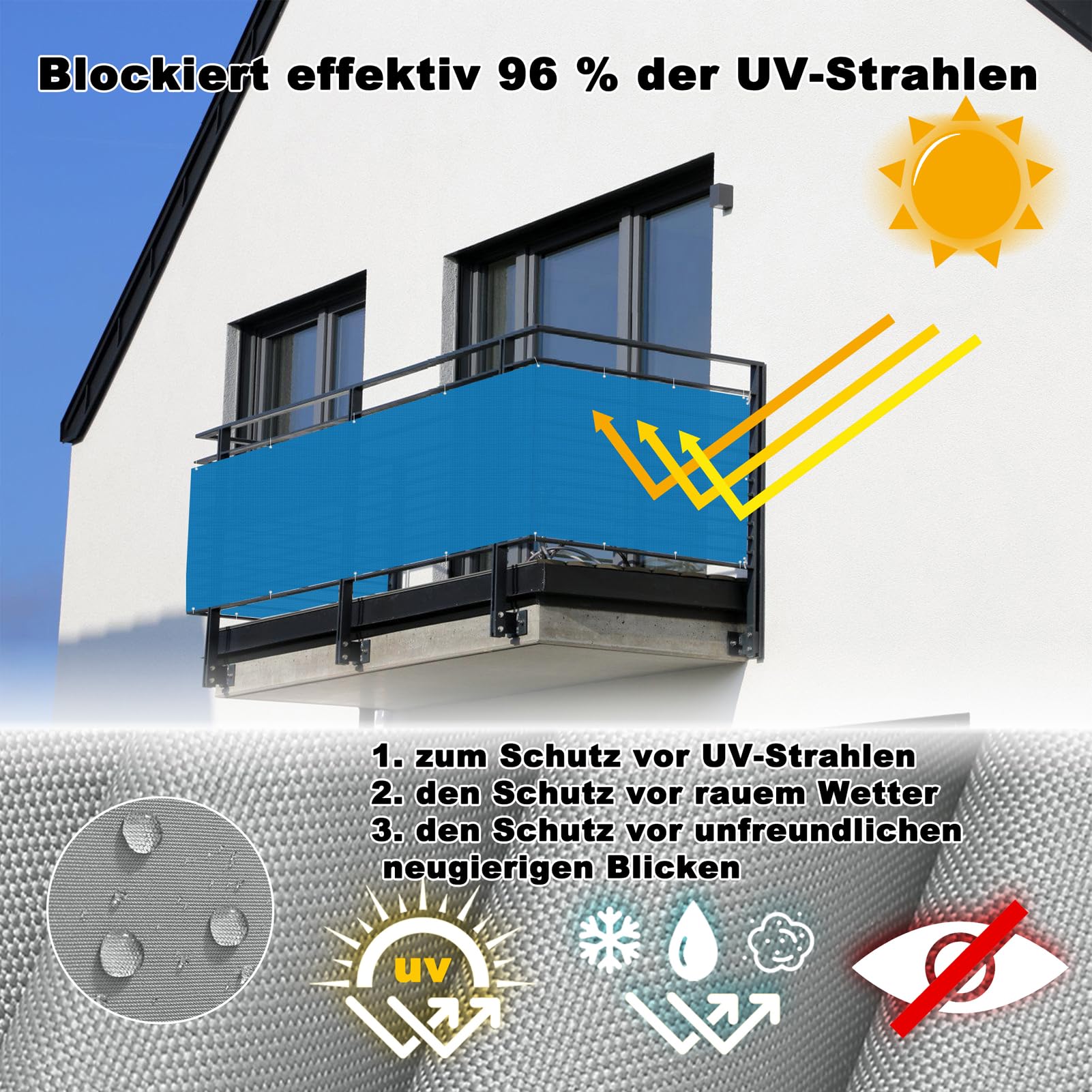 Odporny na warunki atmosferyczne pokrowiec na balkon, 1 x 10 m, odporna na promieniowanie UV, nieprzejrzysta plandeka z oczkami i opaskami kablowymi, idealna do ochrony na patio, do ogrodu i na