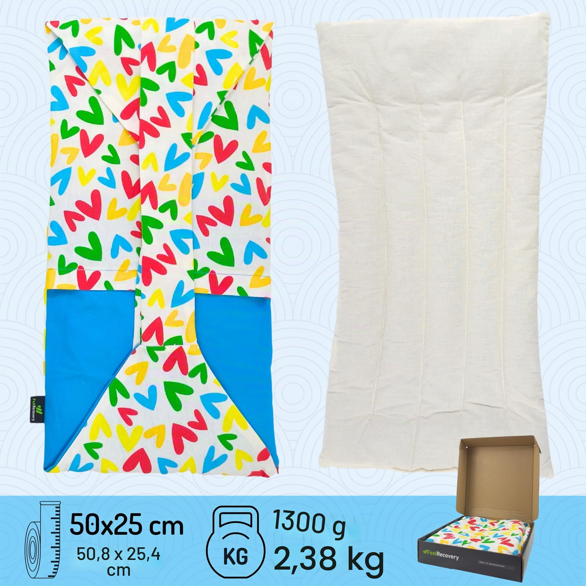 Faja Térmica Lumbar de Semillas - Almohada de Calor para Espalda Calentar en Microondas (50x25 cm) - Saco Térmico Grande con Funda Lavable, Tela de Algodón 100% y Olor a Lavanda (Corazones)