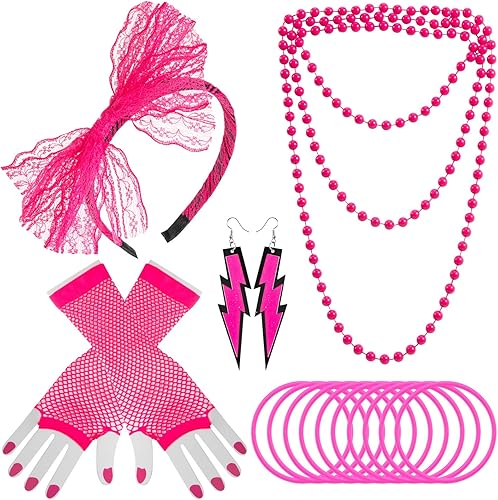 Traje de los años 80 para mujer, accesorios de disfraz de disfraces, diadema de encaje, aretes, guantes de red, collar, pulsera para mujer, fiesta