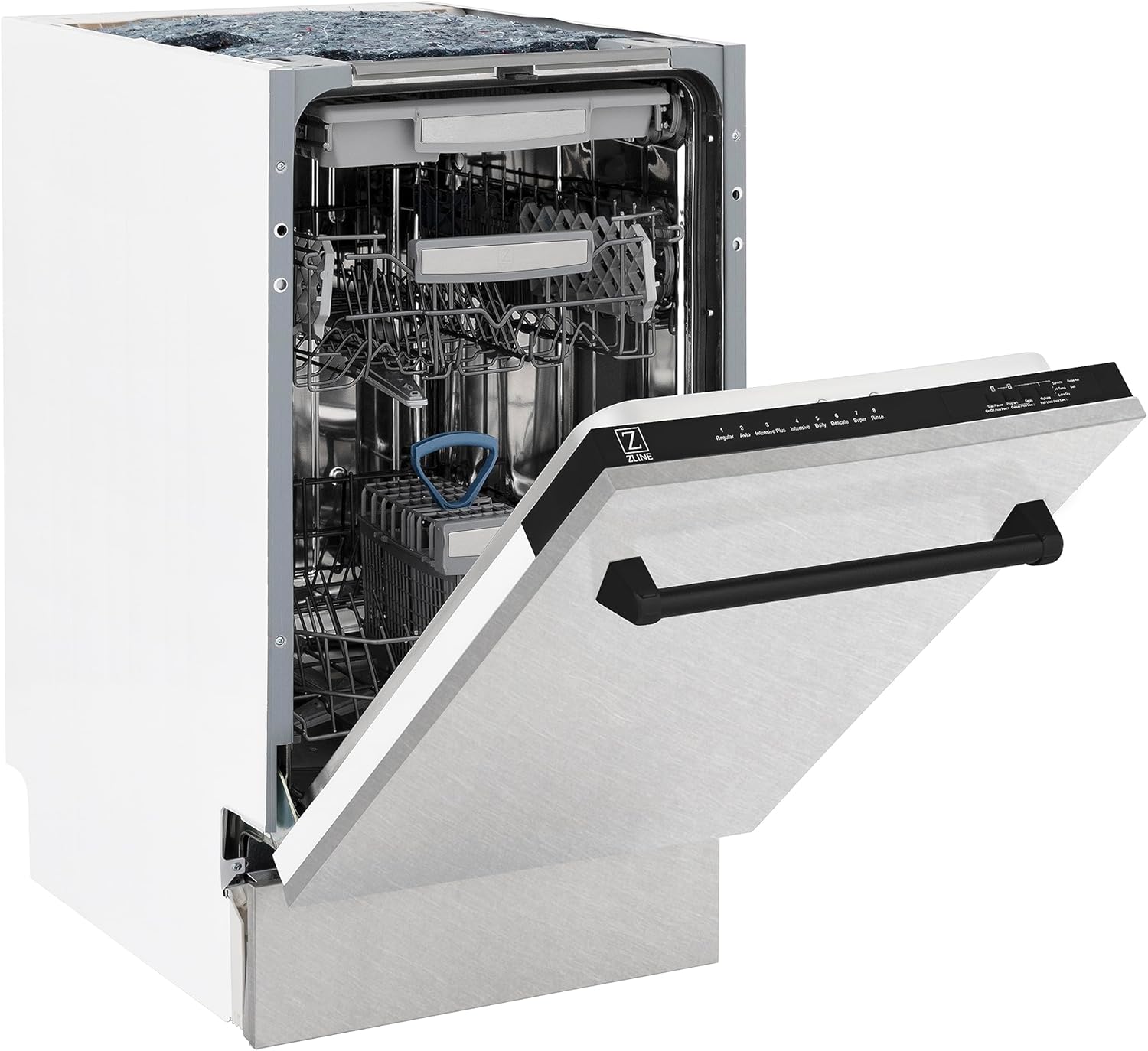 ZLINE Autograph Edition 18 in. Tallac Series 3rd Rack Top Control Built-In Dishwasher with Satin Stainless Steel Panel and Matte Black Handle, 51dBa (DWVZ-SN-18-MB)