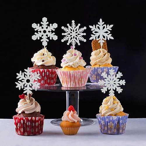 Miniatura 4 de Cyodoos 25 piezas de copos de nieve para cupcakes con purpurina para invierno, temática de congelado, copos de nieve, para invierno, país de las